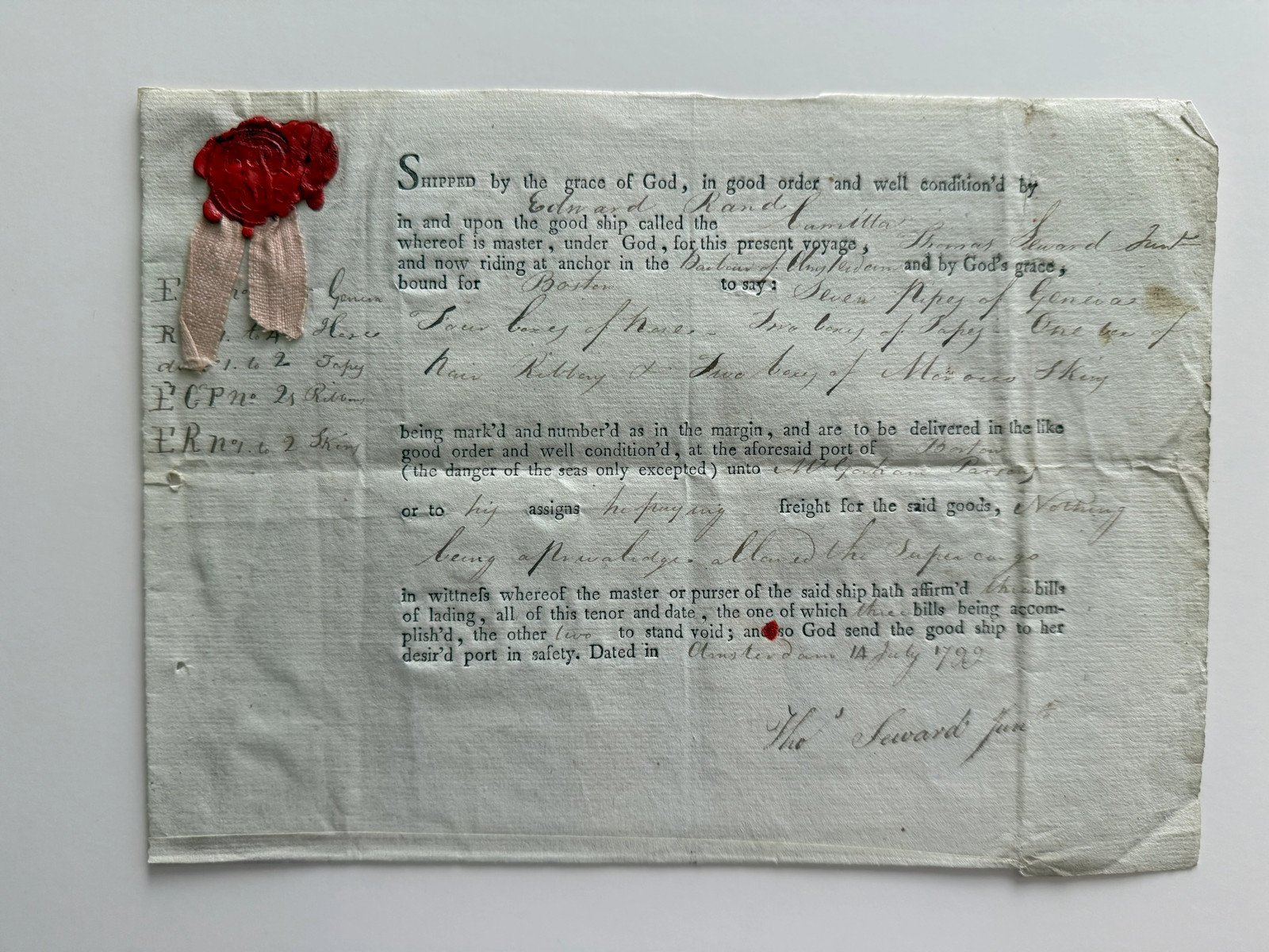 1799 Amsterdam to Boston Bill of Lading – Ship Hamilton – Seven Pipes of Geneva