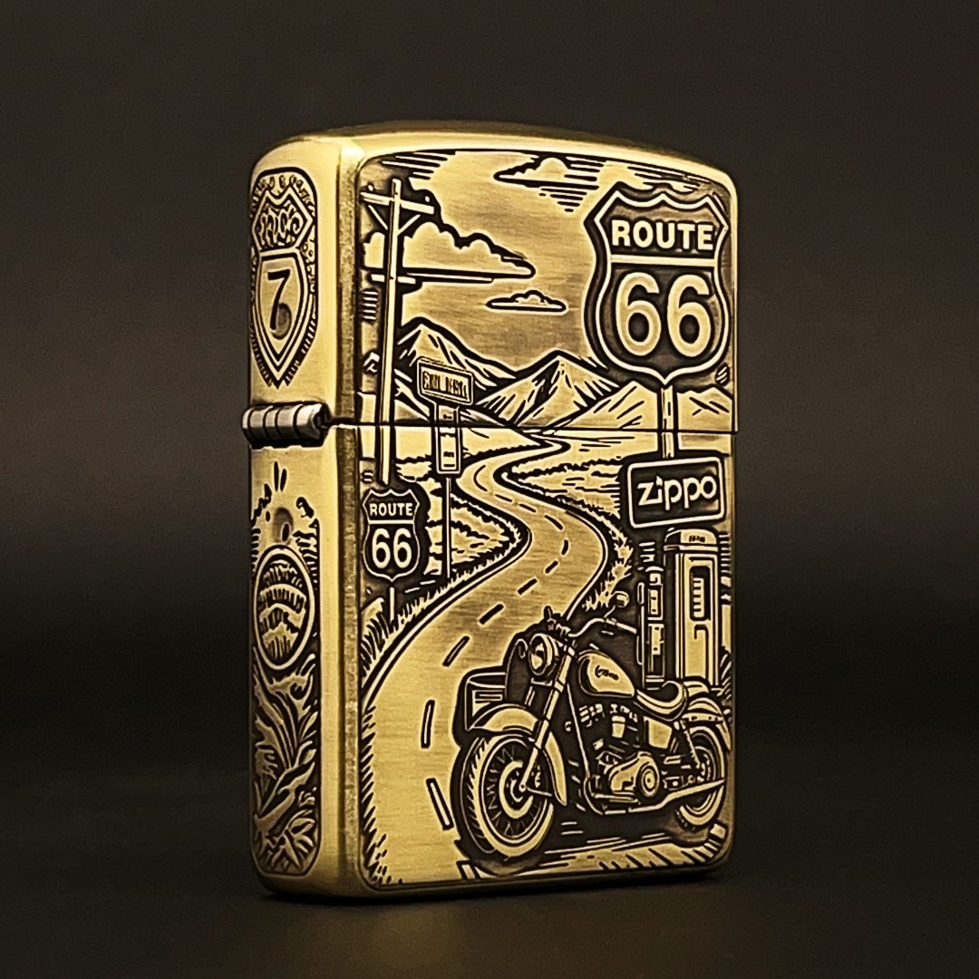 Zippo Route 66 Deep Engraved Lighter Vintage Brass Motorcycle Truck Collectible