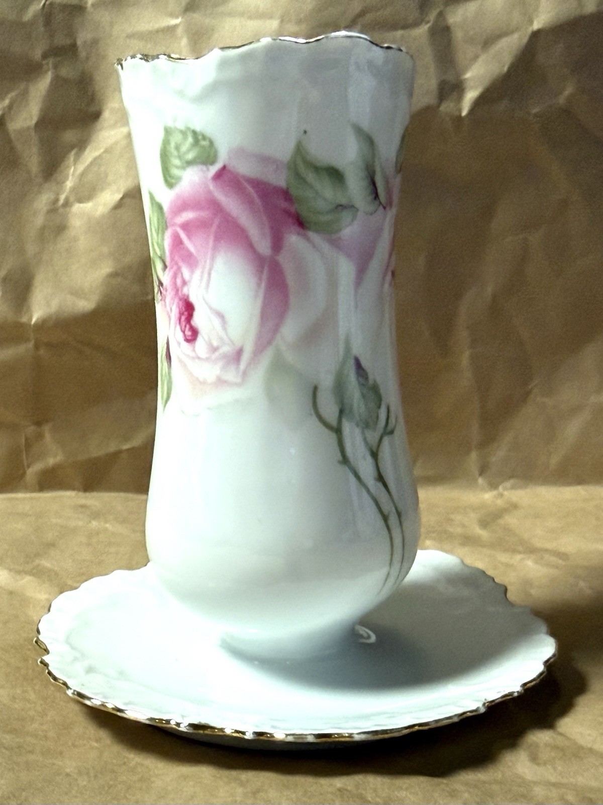 Antique Z.S. & C. Bavaria Marseille Porcelain Hatpin Holder Pink Roses Gold Trim