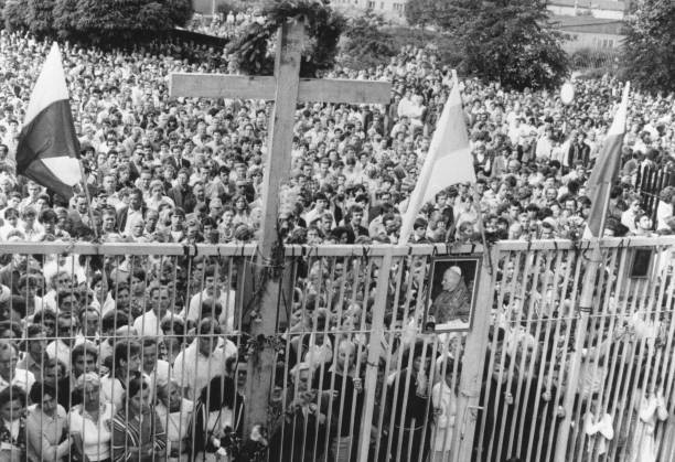 Portrait of Pope John Paul II adorns a fence at Lenin Shipyards St- Old Photo