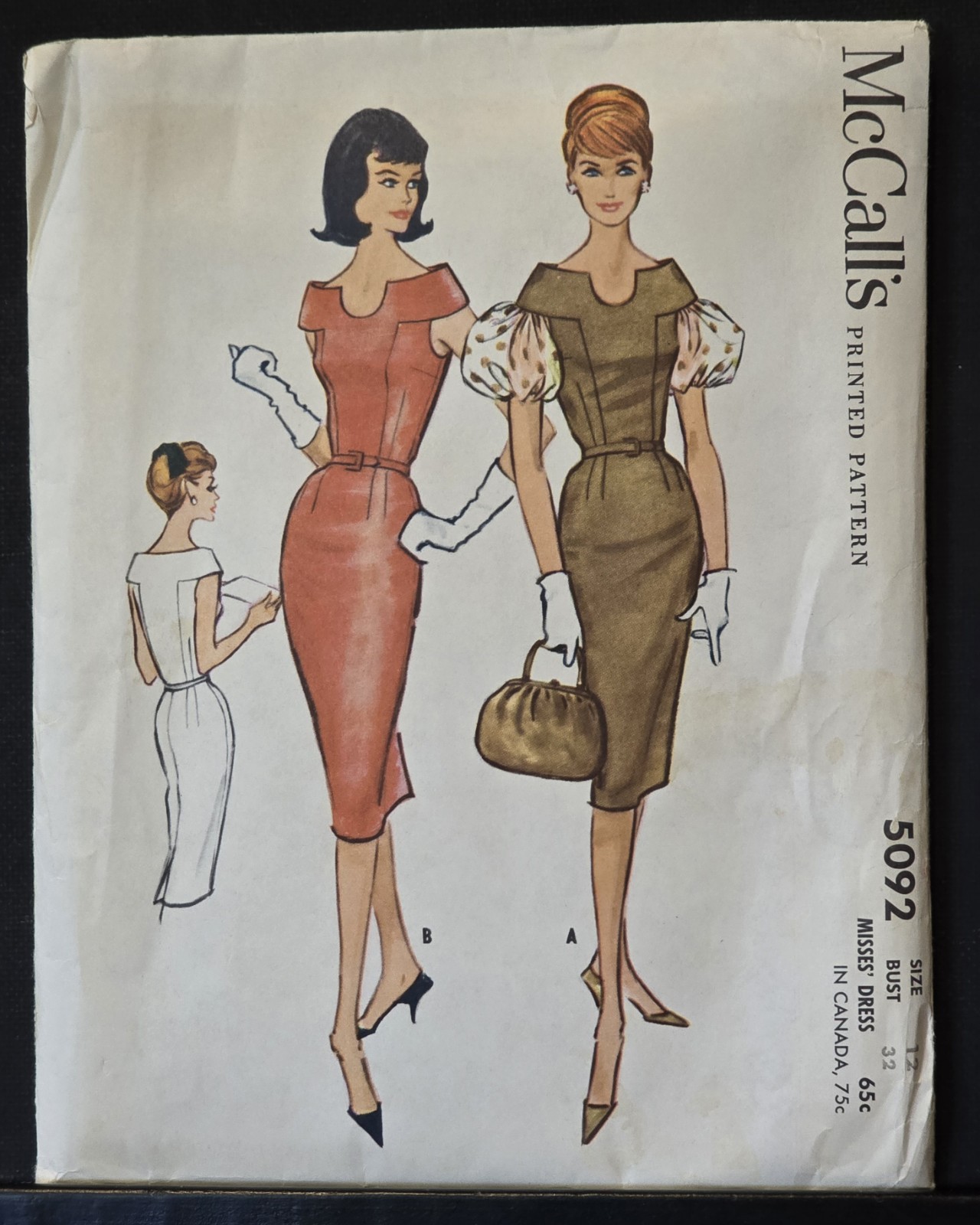 Vtg McCall's Pattern 5092, Sheath Dress, Puff Sleeve Option, Uncut, B32.