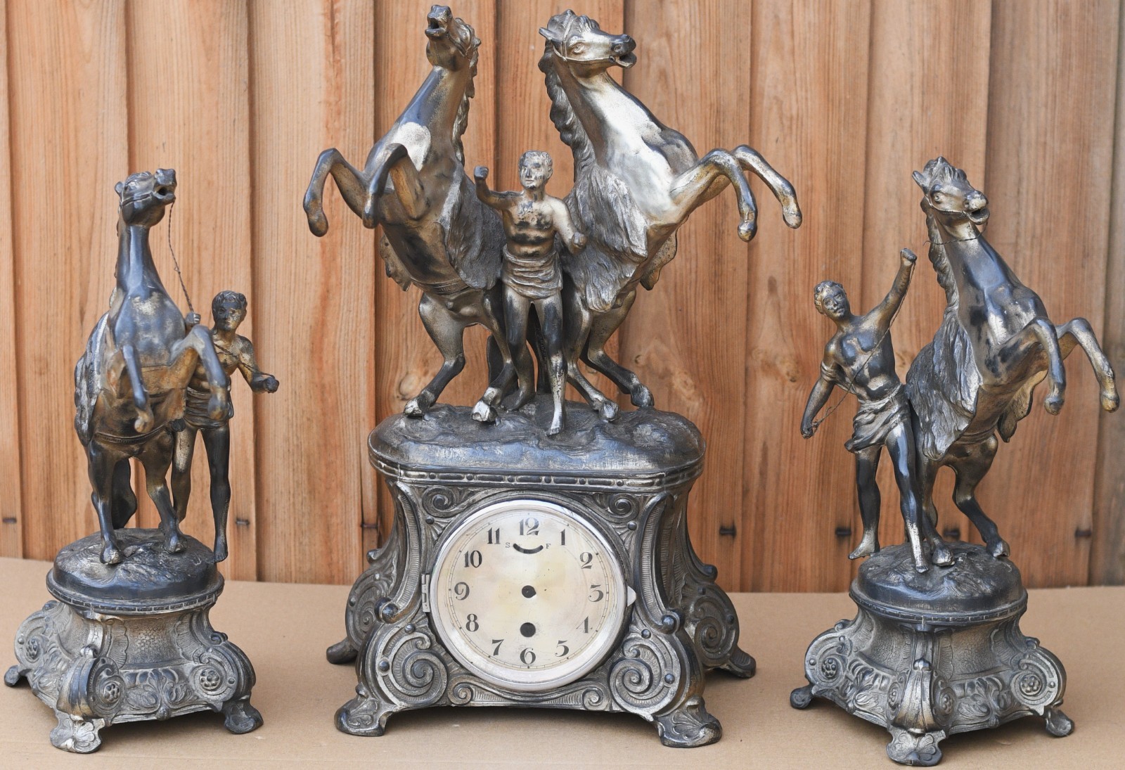 WONDERFUL LARGE OLD MARLEY HORSE CLOCK GARNITURE SET WITH MISSING MOVEMENT