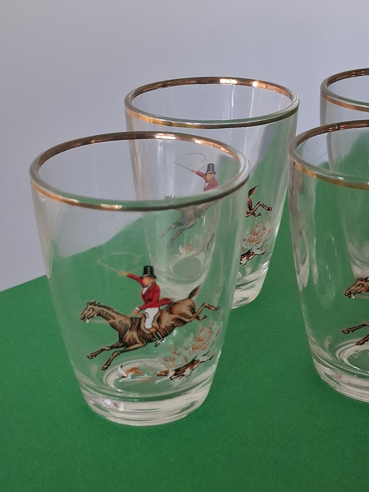 5 Vintage French 1960's Fox Hunting Gold Rim Shot Glasses Horse Equestrian 