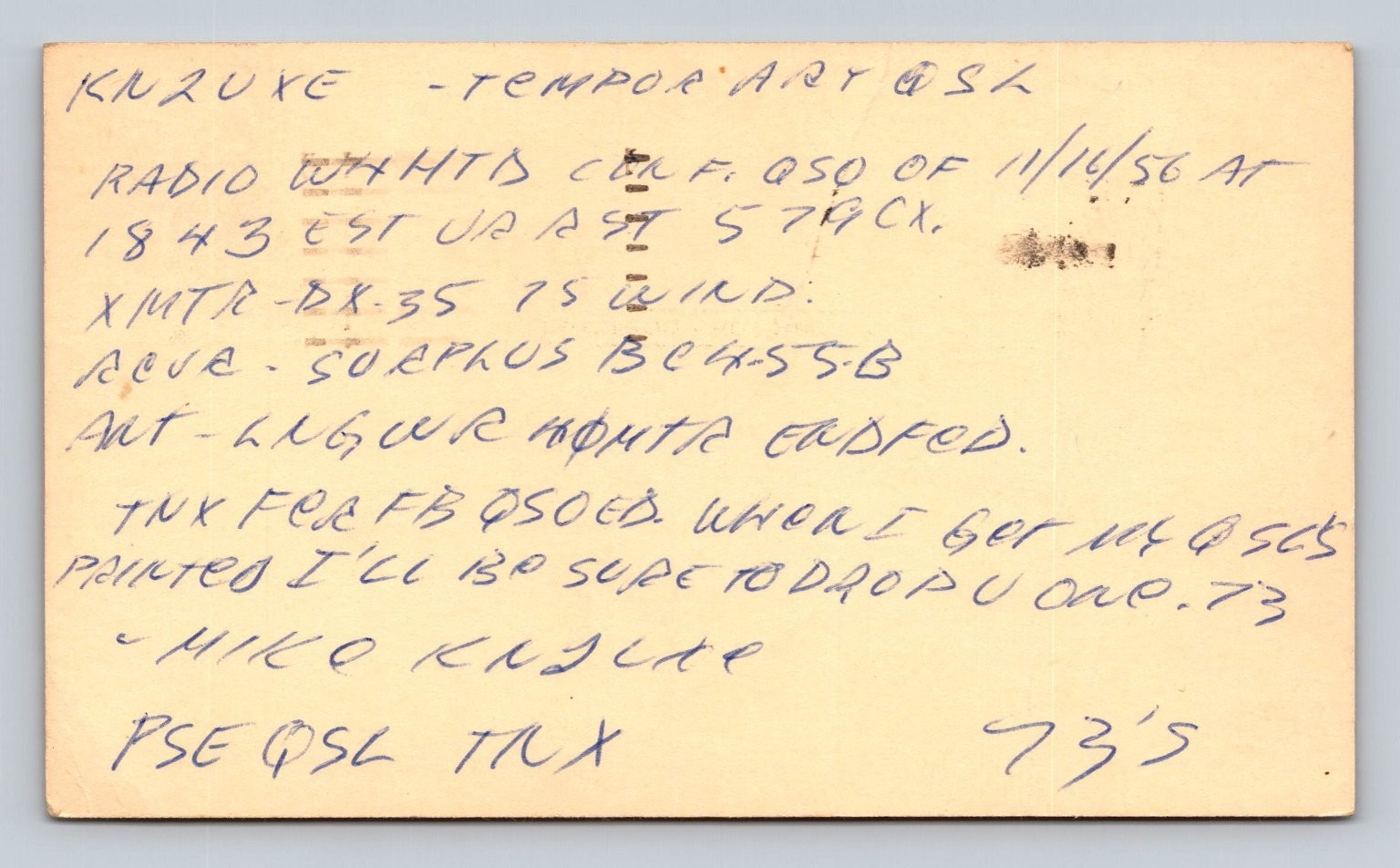 Ham Radio QSL KN2UXE W4HTD Buffalo NY 1956 DX-35 BC455B Postcard Stamp