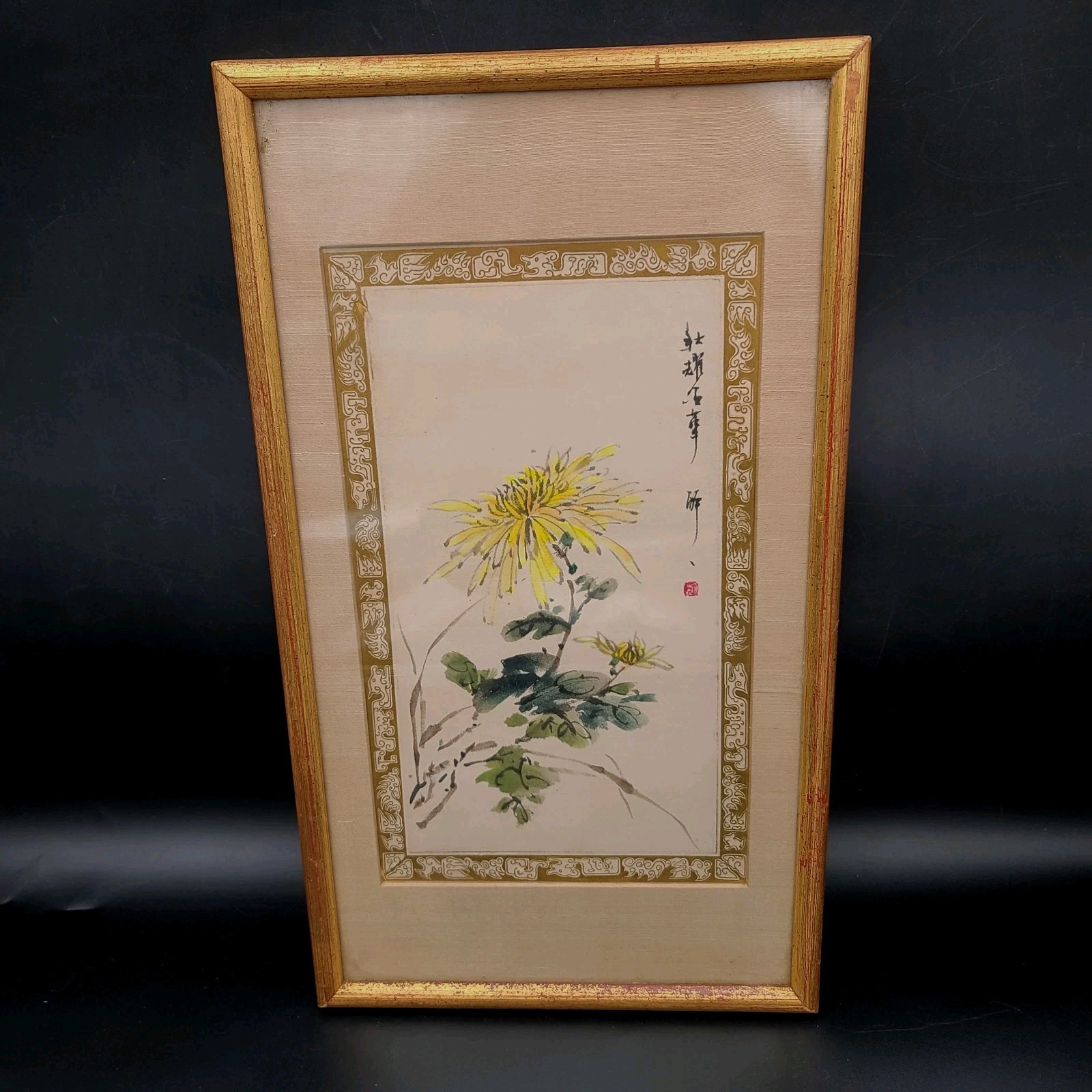 Original Vintage Chinese Painting on Silk Ywllow Chrysanthemum Signed 1950s 17