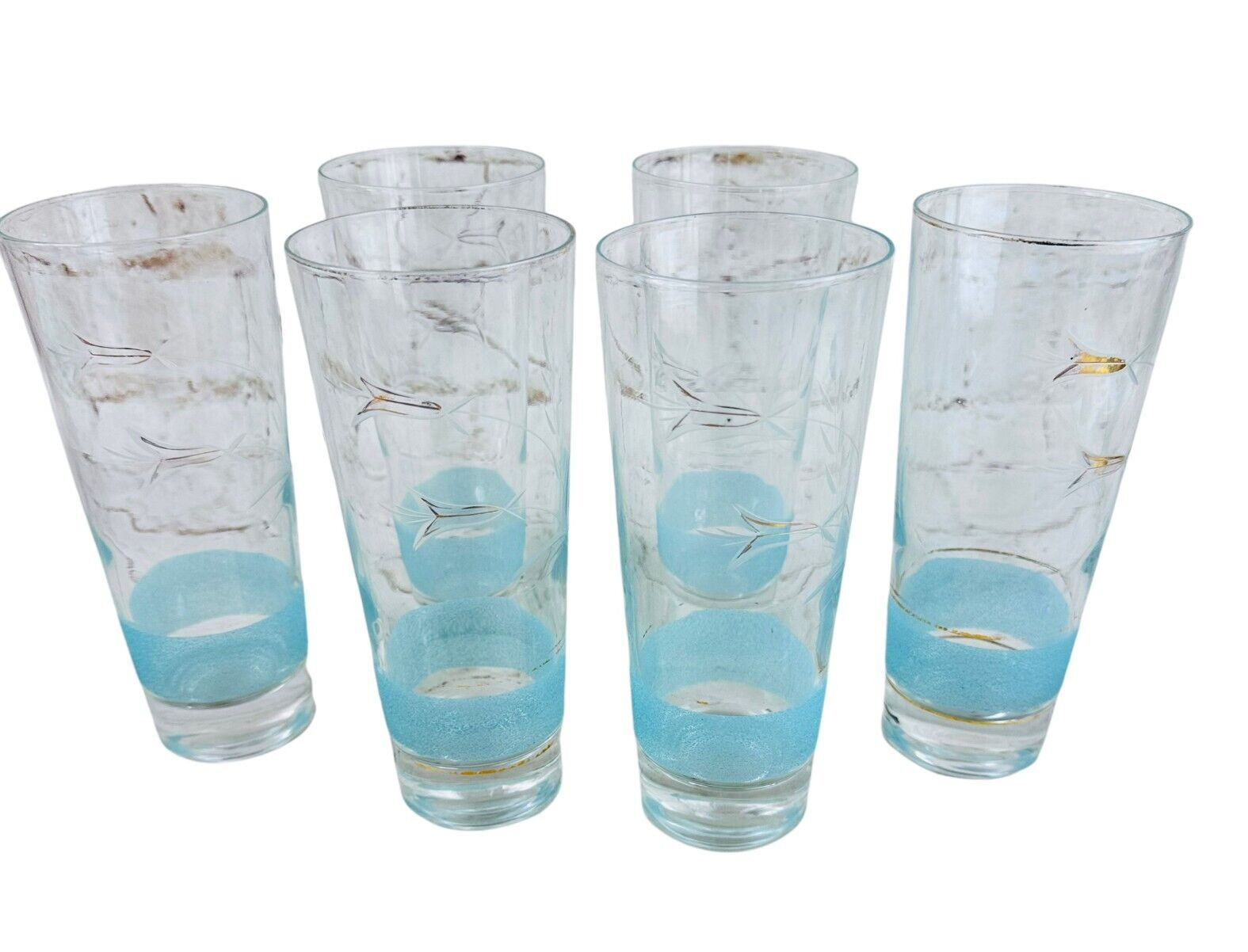 6 vtg MCM cocktail glasses clear glass w  turquoise & gold accents bareware