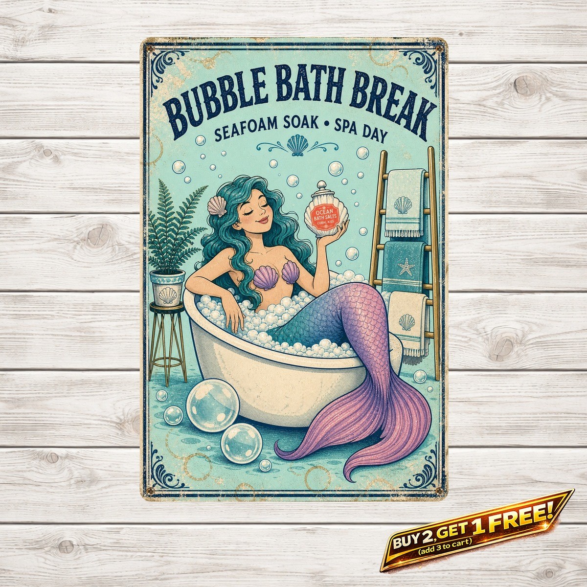 Mermaid Bathing Scene Retro Metal Tin Sign Nautical Bathroom Wall Decor