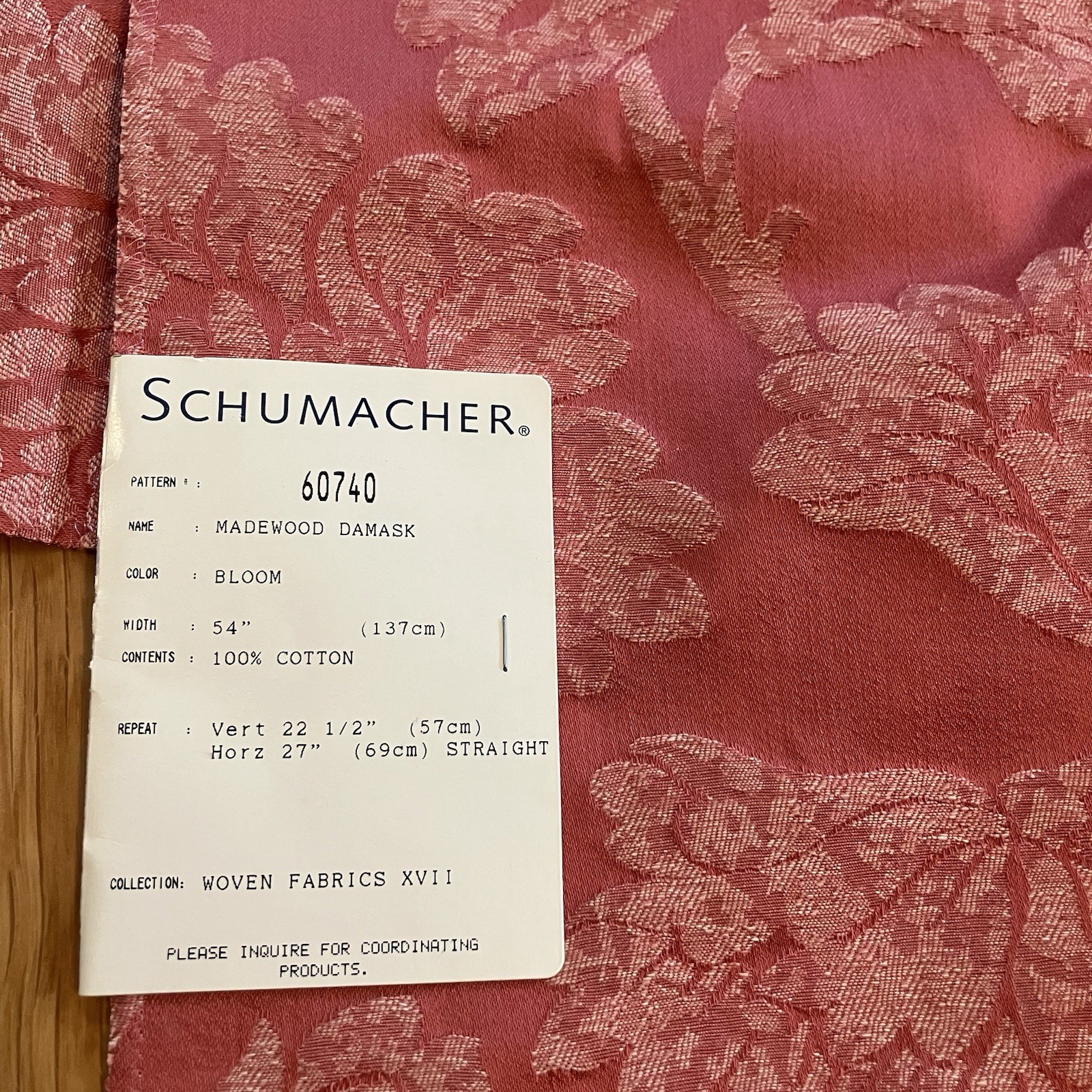 Schumacher Madewood Damask Bloom upholstery fabric 100% Cotton Woven Made Italy