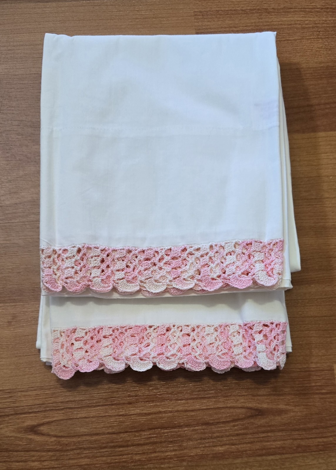 Vintage Pink Hand Crochet Lace Pillowcases Pair W.T. Grant Cotton Percale USA