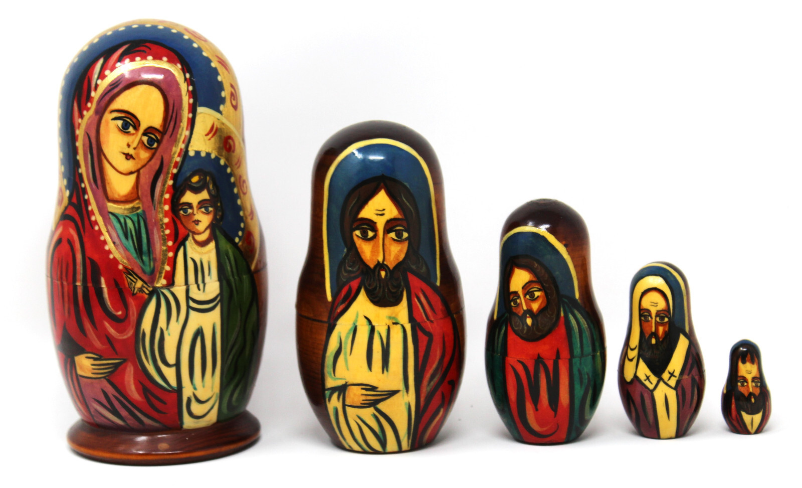 Russian Nativity Nesting Dolls Wood Hand Painted 5 Pcs Madona Child Kings Signed