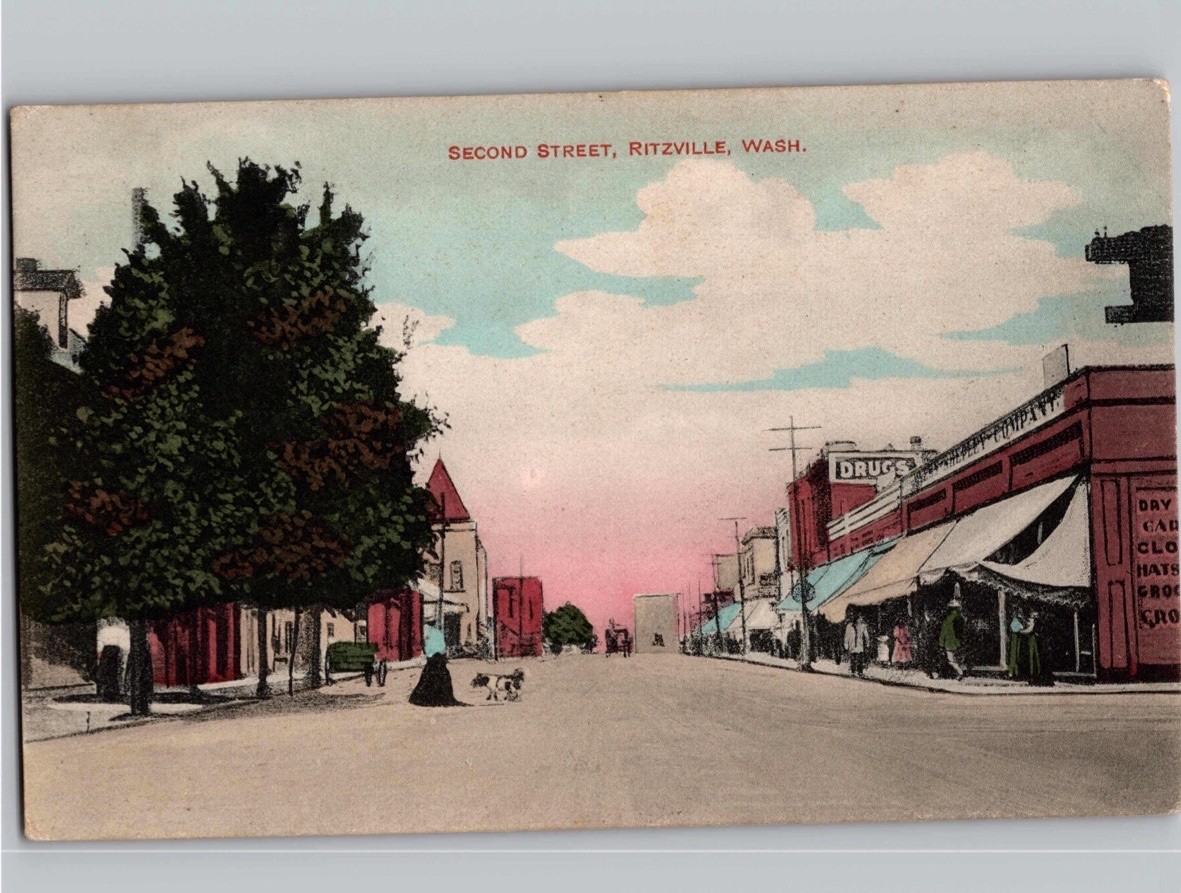 c1909 Second Street View Ritzville Washington WA Hand Color Adams Co Postcard
