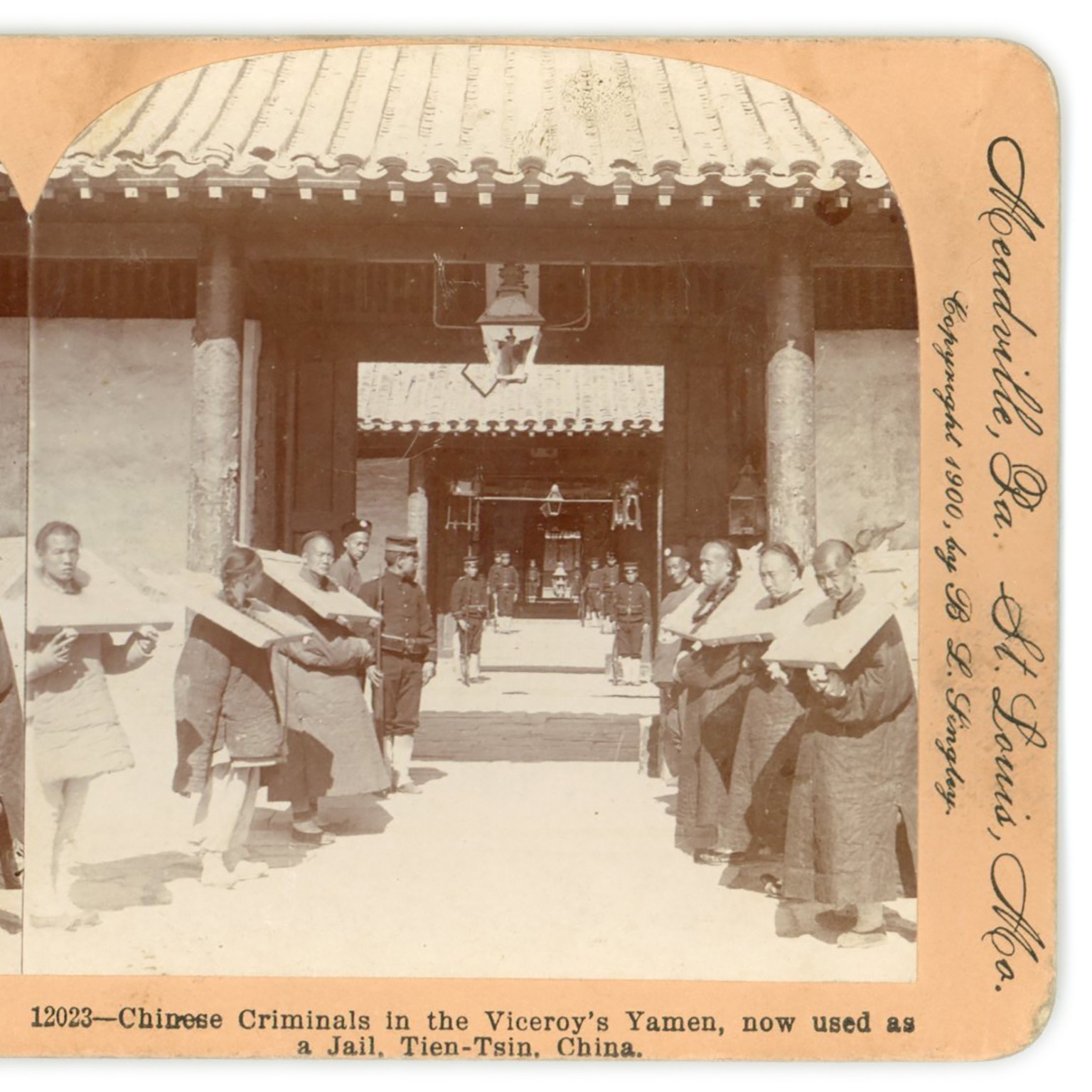 Stereoview of China Prisoners Canque Punishment c1900 - Tientsin Keystone Card