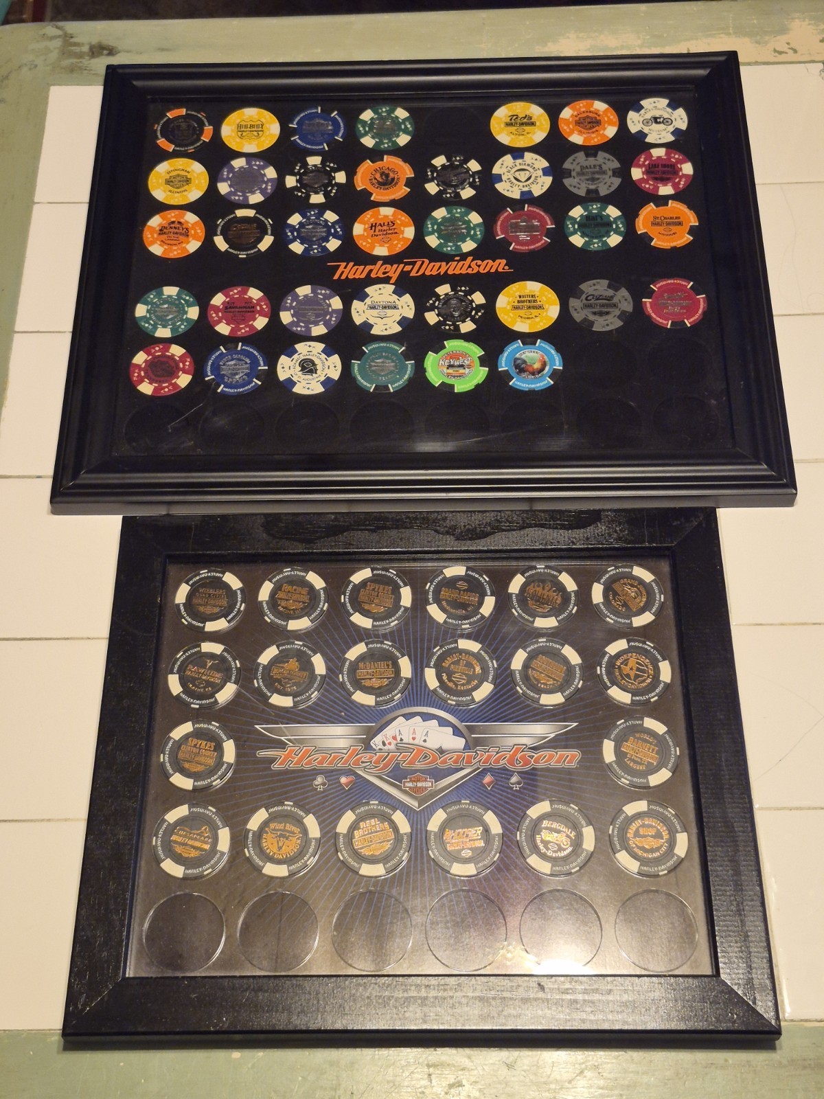 Multiple Different Harley Davidson Dealership Poker Chips Lot of 57 Framed