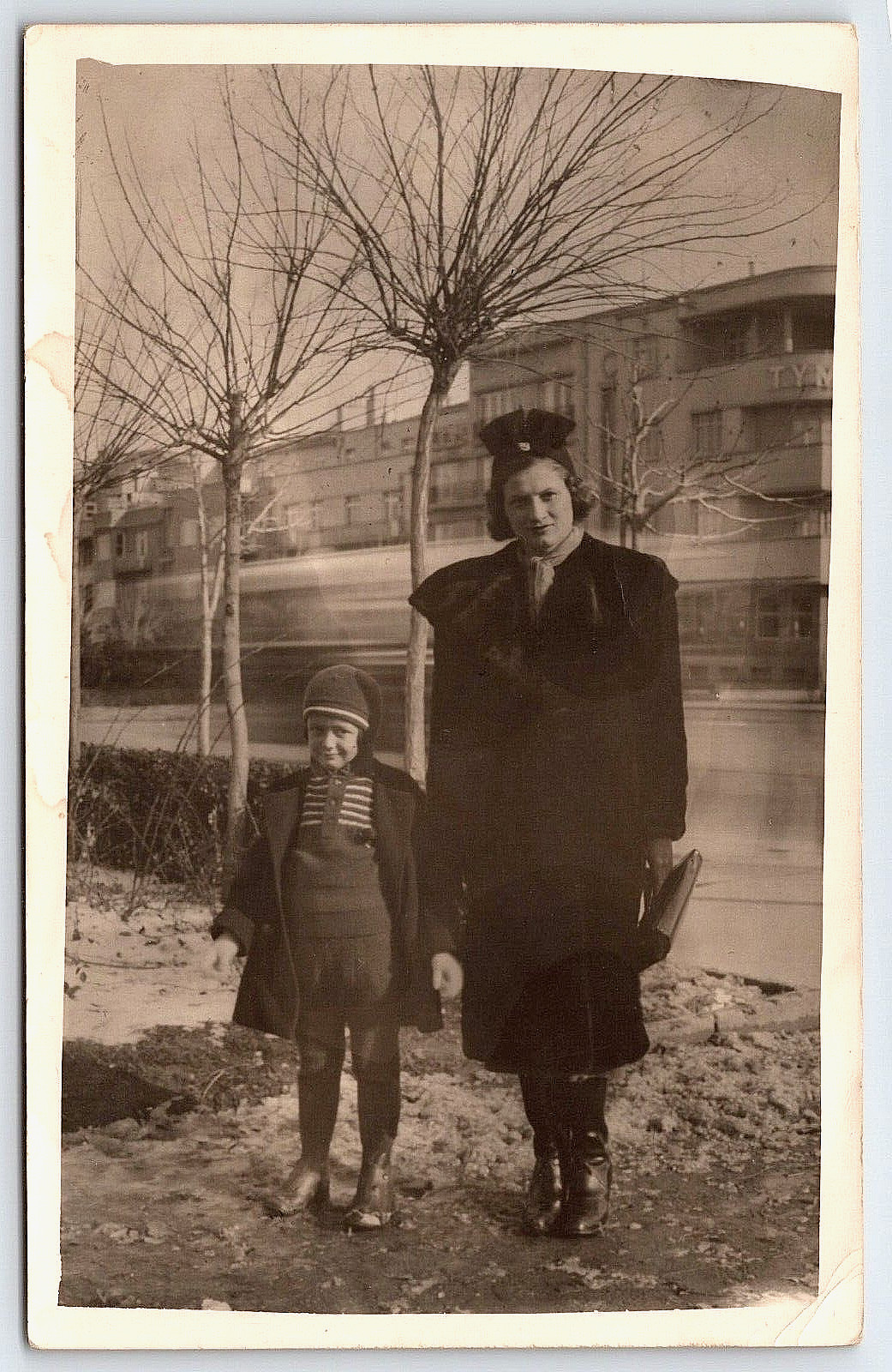 Original Old Vintage Antique Postcard Real Photo Lady Boy Coat Hat Building