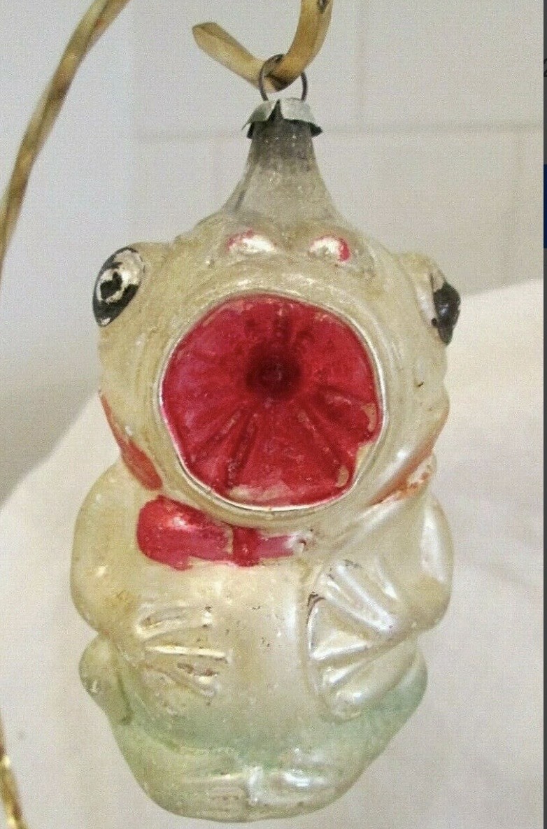 Rare Antique Frog With Open Mouth Figural Glass Christmas Ornament
