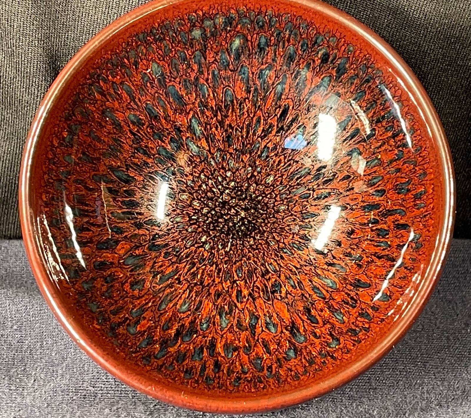 Chinese Studio Pottery Jian Zhan Tea Cup Amber Tortoiseshell Oil Spot w/ Box