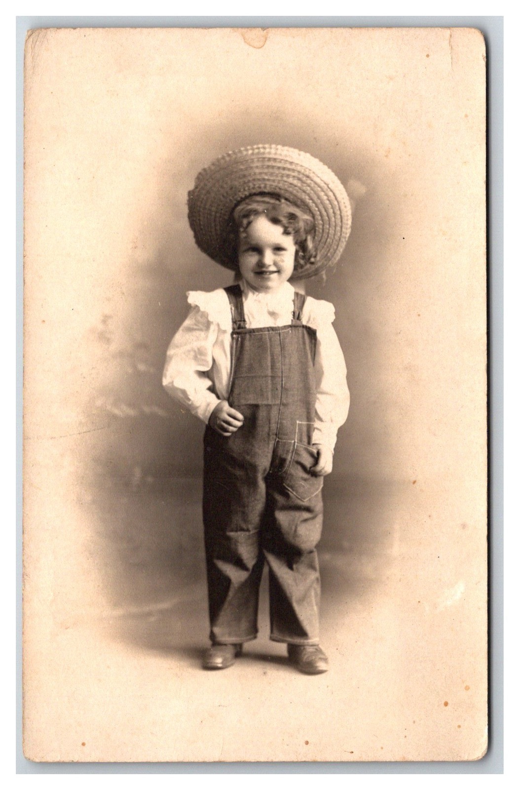 RPPC ~ Houstonia MO ~ Cute little girl in Overalls straw hat portrait