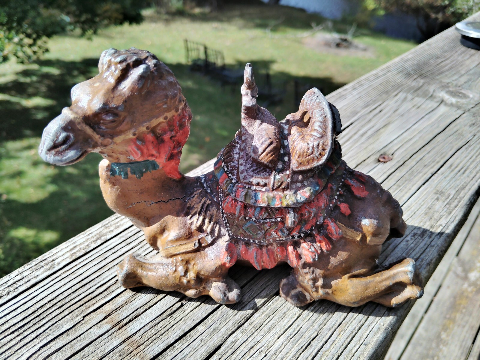 Antique Anglo Indian Metal Cast Camel Sculpture Inkwell Painted 1900s