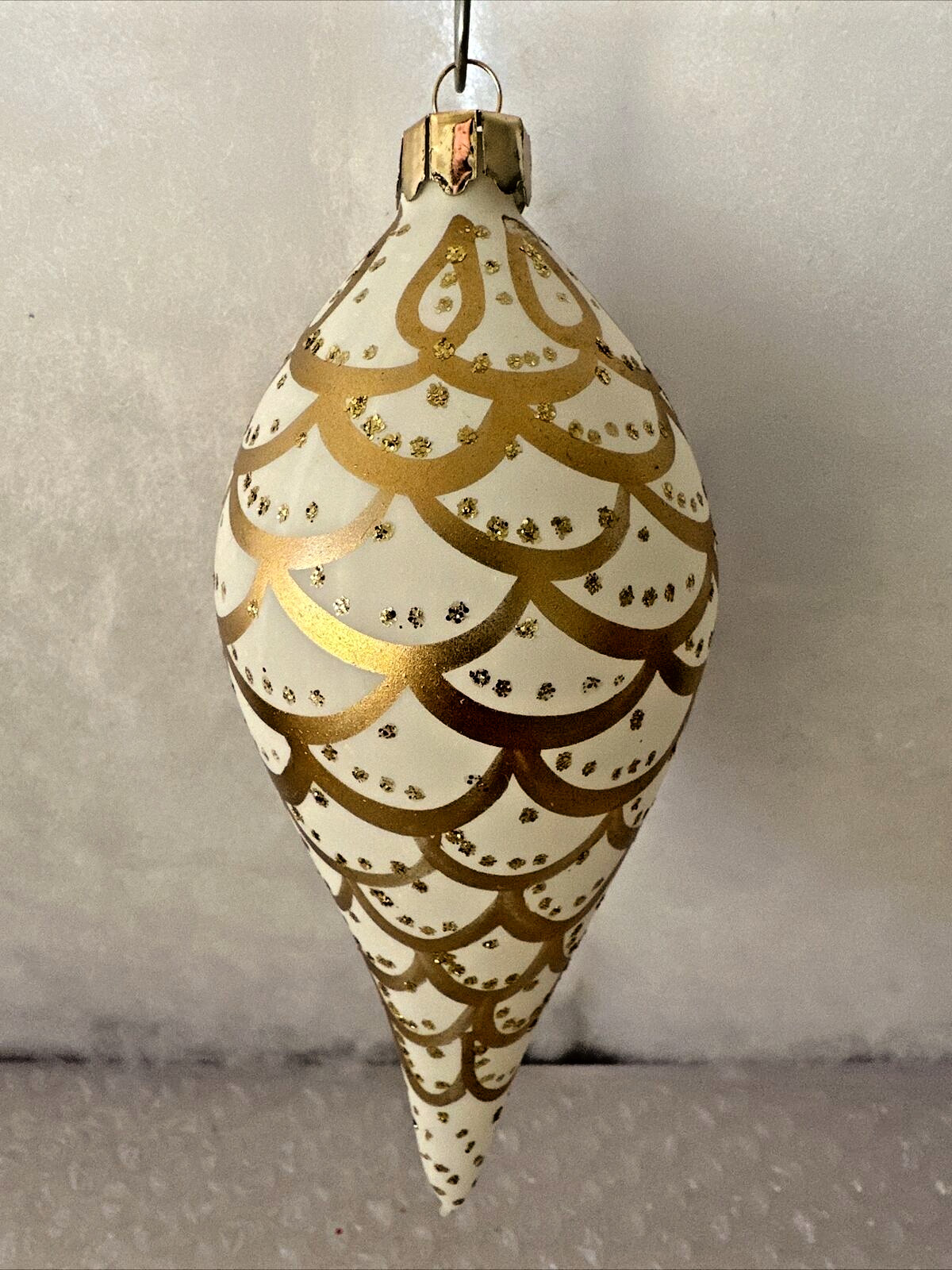 Vintage Rare 1980s Blown Glass Teardrop White and Gold Mica Ornament 5.5” x 2.5”