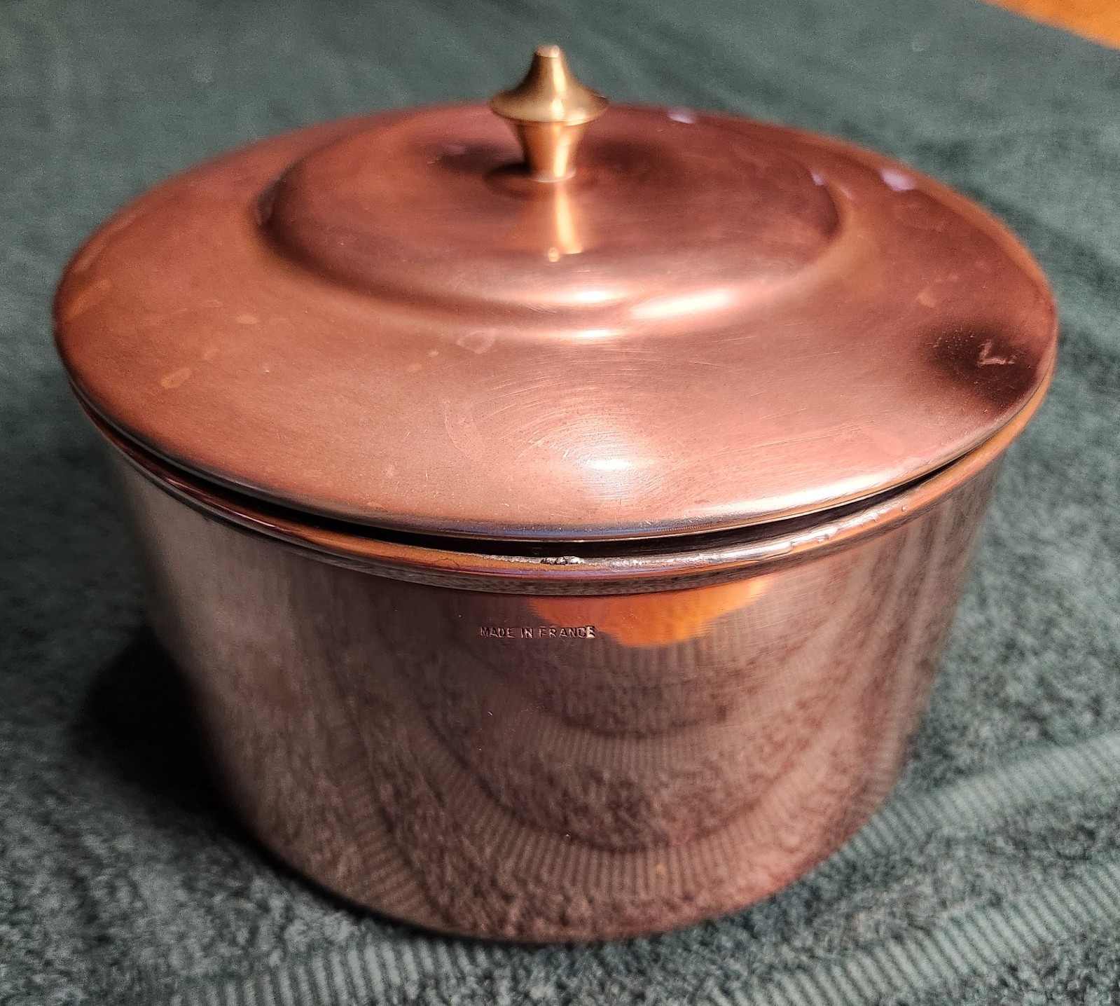 Vintage French Tinned Copper Bain Marie Pot w/Lid Brass Finial Made in France