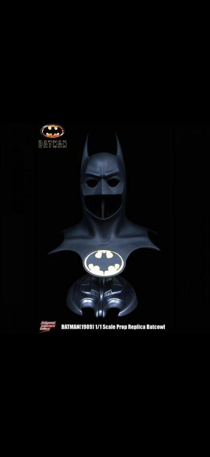 SUPER RARE HOLLYWOOD COLLECTORS GALLERY 1/1 SCALE 1989 BATMAN COWL PROP REPLICA