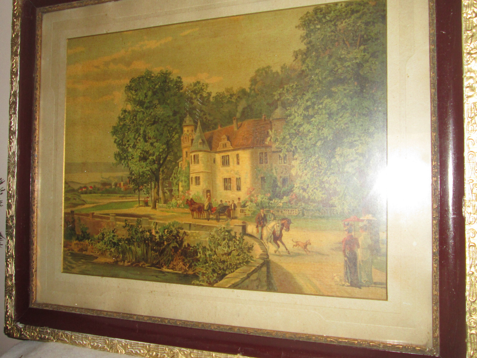Castle garden painting lithography Red Roof house
