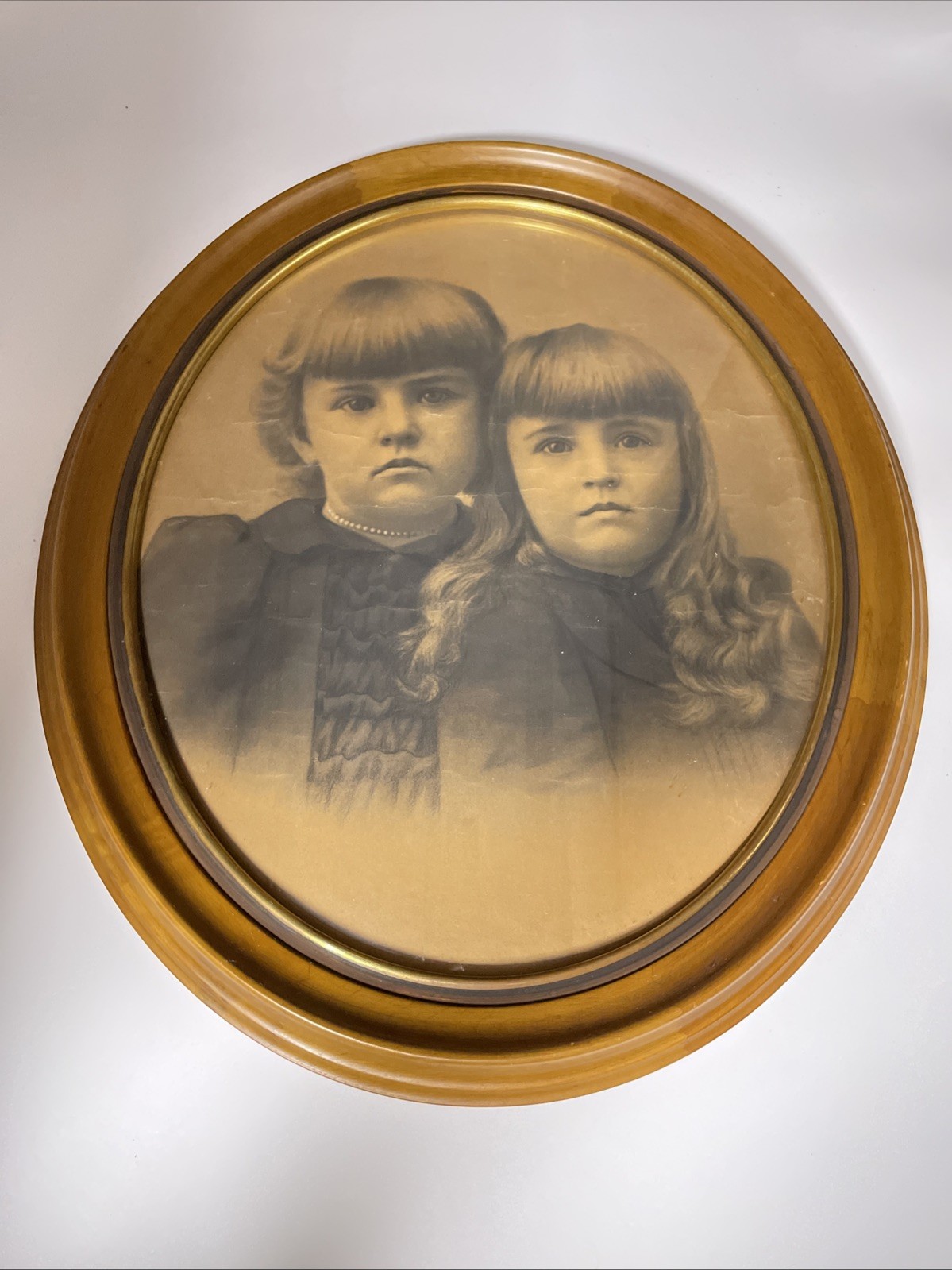 Vintage Bubble Glass Wood Frame Picture  Oval American Two Young Sisters 20.5 H