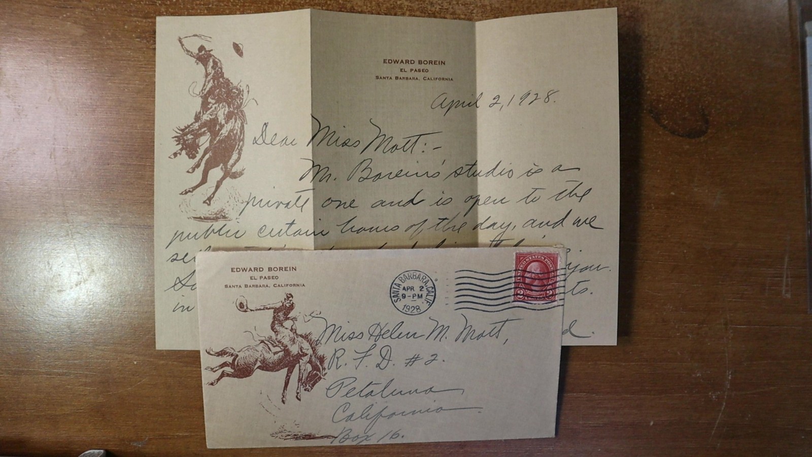 1928 Santa Barbara CA Edward Borein El Paseo Illustrated Cowboy Bronco Letter