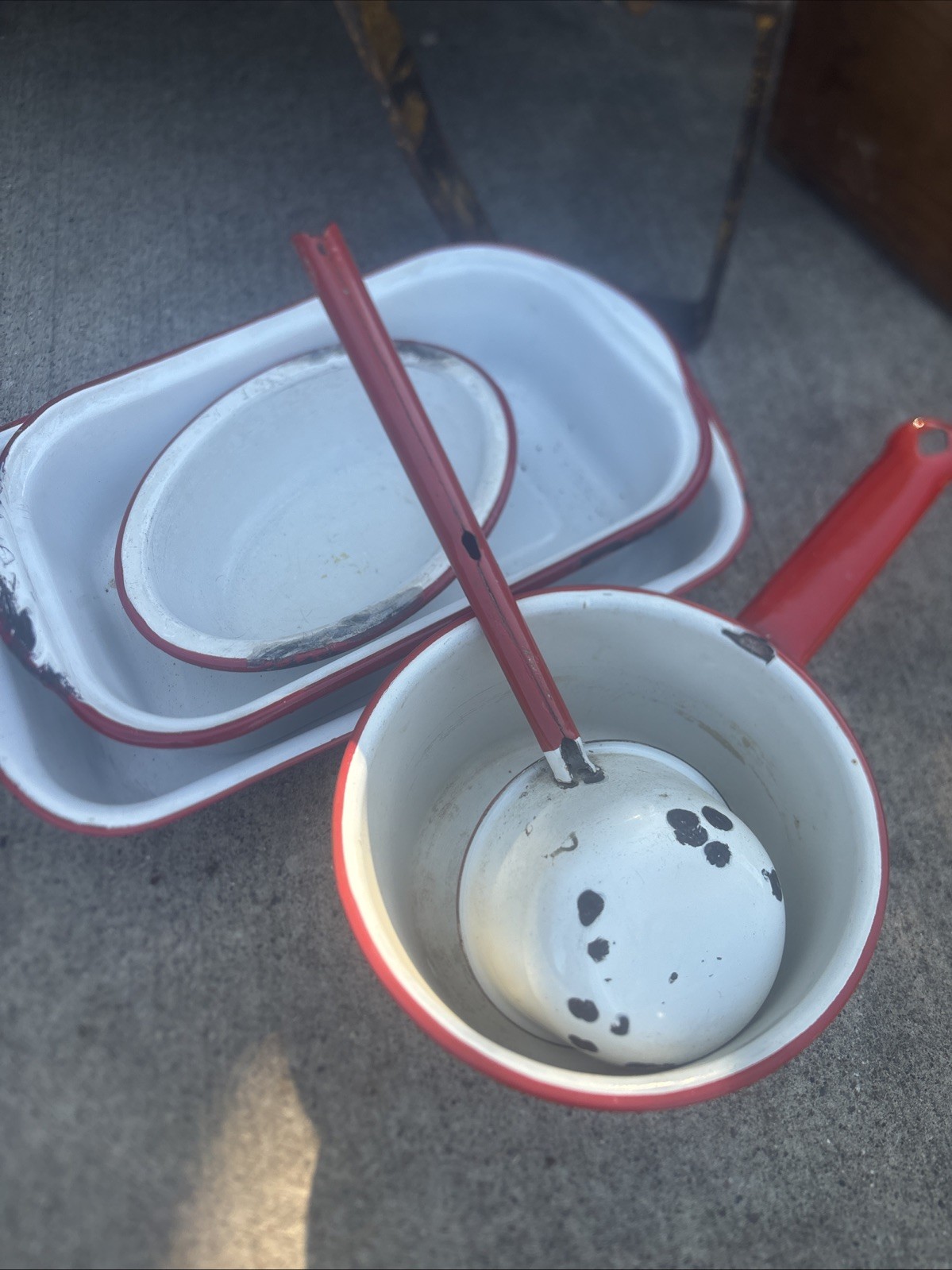 Vtg Lot Red & White Enamelware 5 Piece  Lot