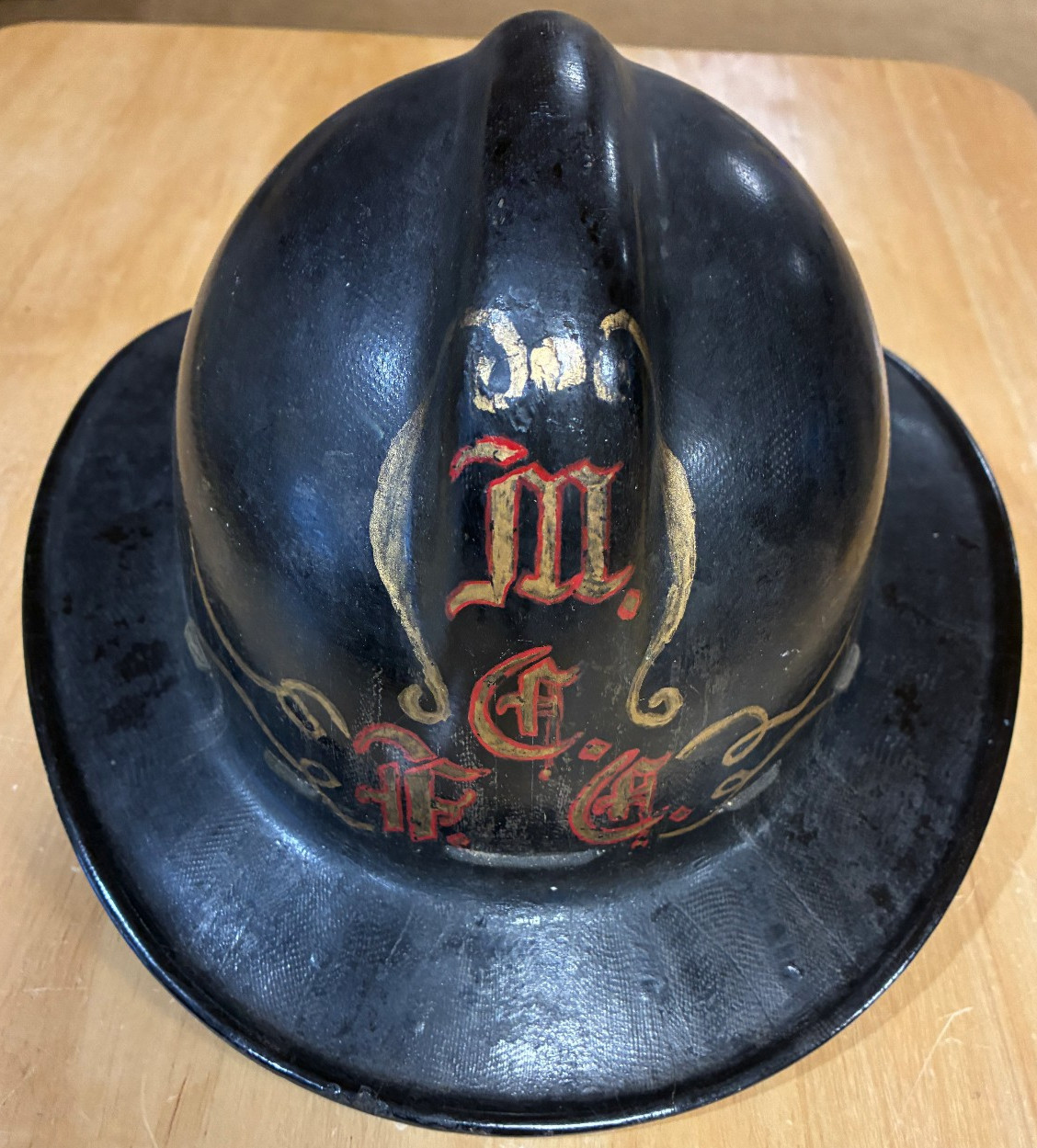 Vintage 1940s–50s Fireman’s Parade Helmet – Hand Painted - M F C Co. - 7 x 14in