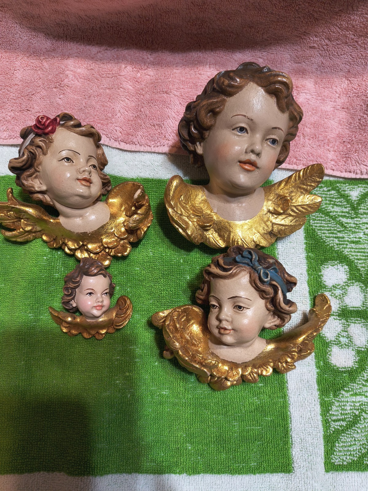 4 VINTAGE HAND CARVED WOOD ANGEL PUTTO CHERUB HEAD Figurines FROM  GERMANY