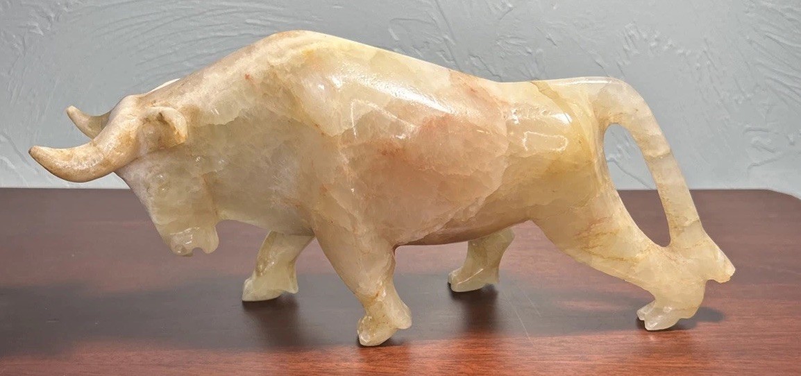 Beautiful Vintage Marble Onyx Charging Bull Sculpture Hand Carved 12”