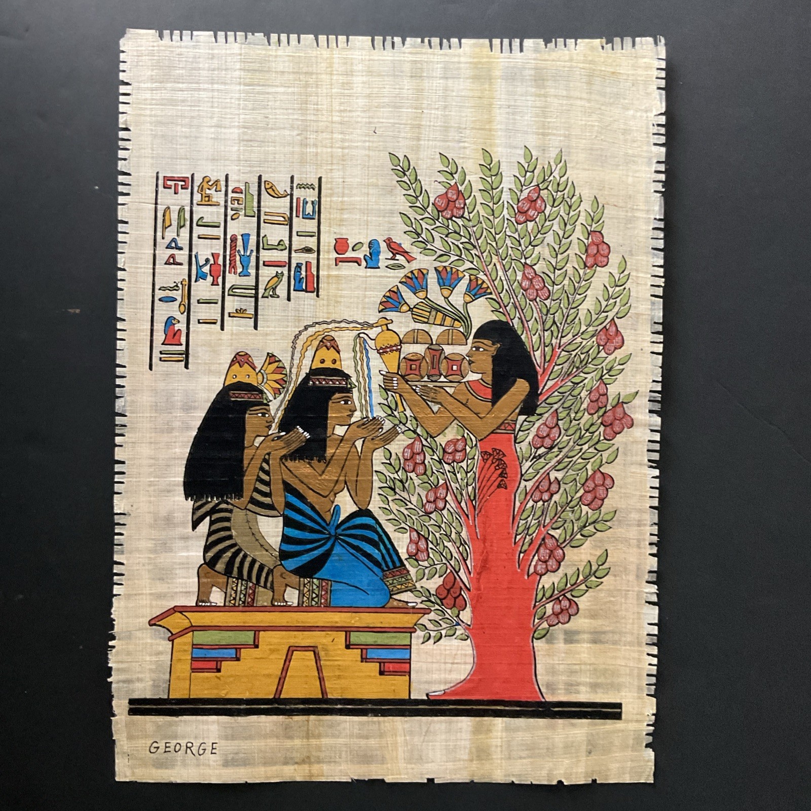 Vintage Egyptian Papyrus Painting Nut, the goddess of the sycamore tree. 12x16”