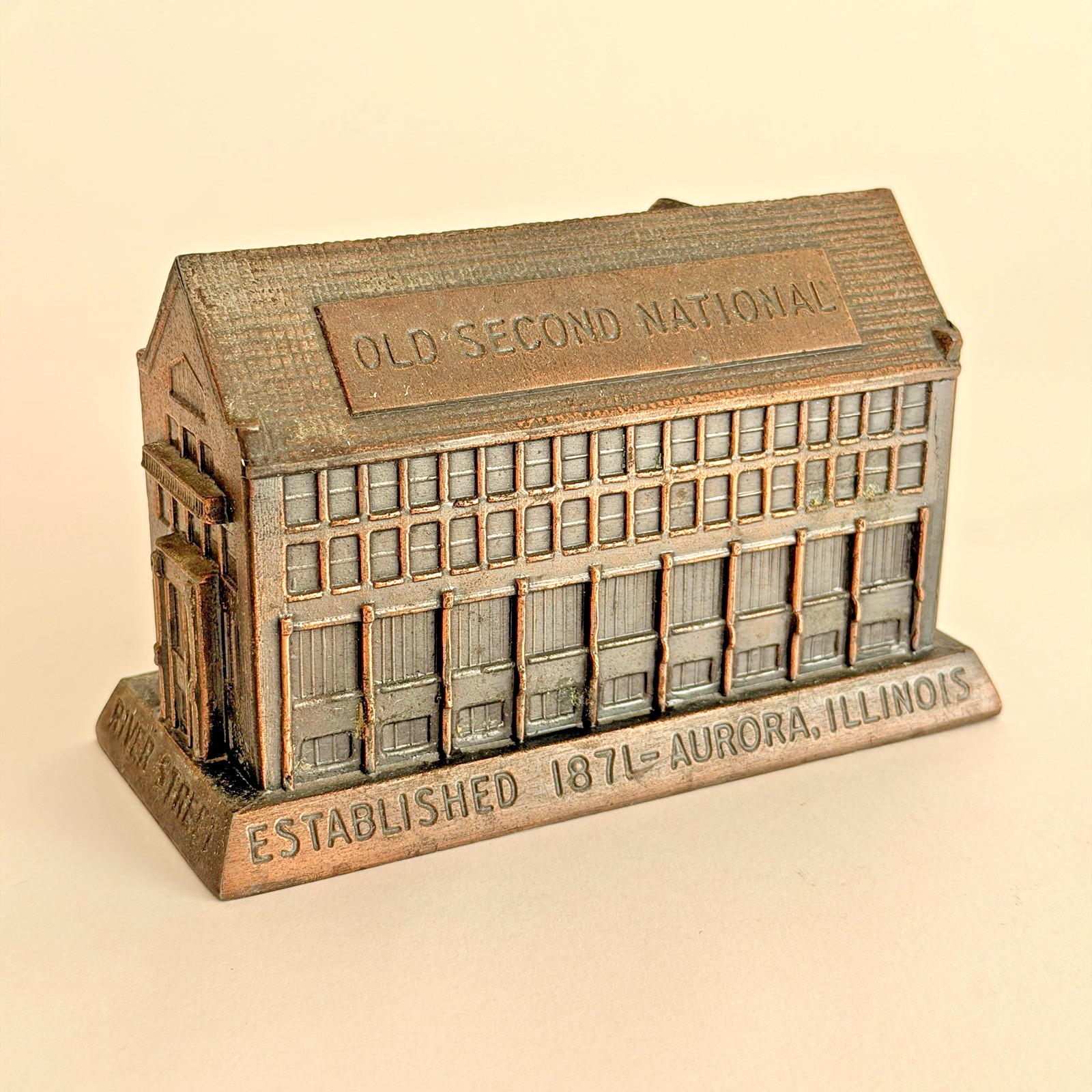 Vtg Banthrico Old Second National Bank Aurora IL Metal Coin Bank 1871 River St