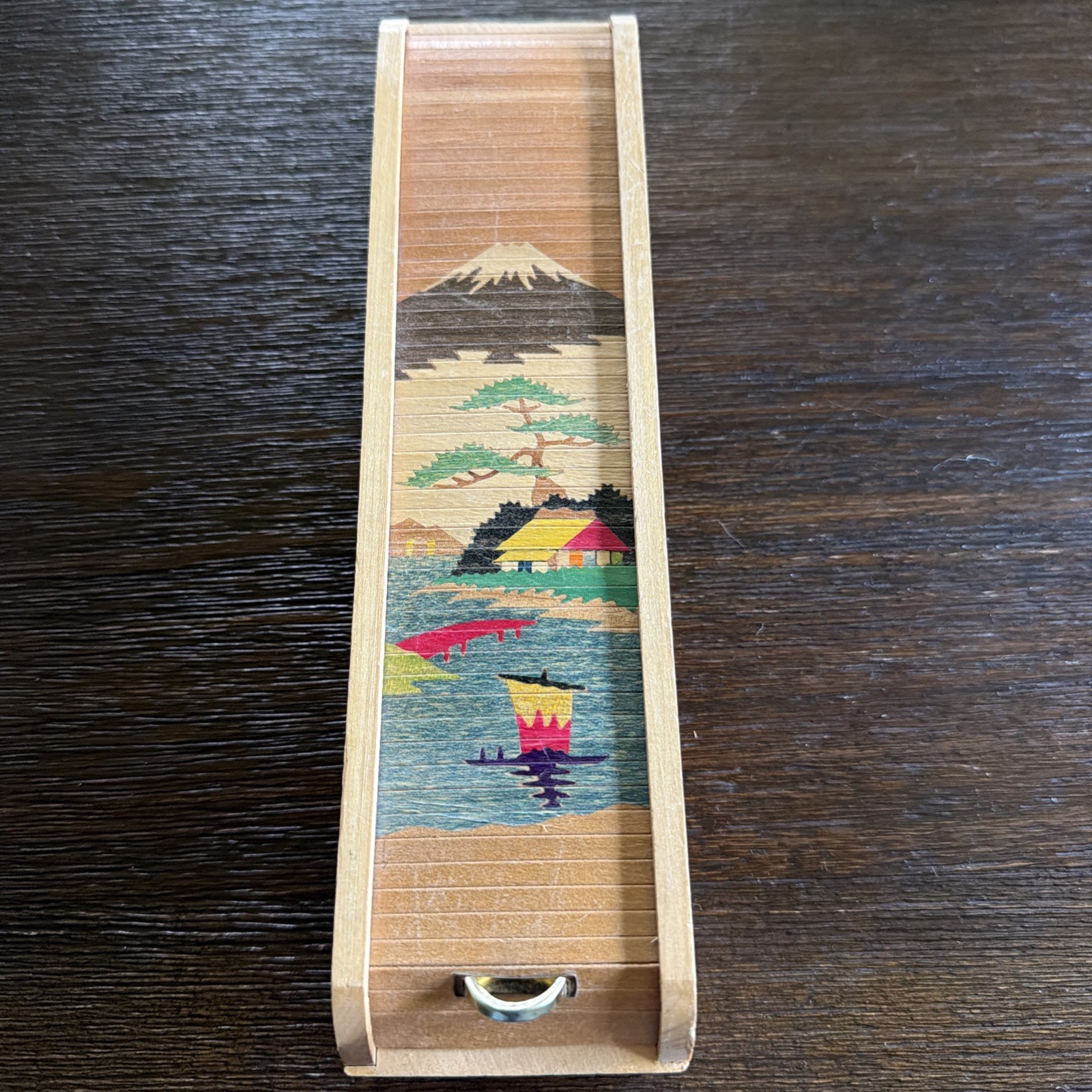 Vintage Mid-century Japanese Wooden Roll-top Pencil Box Drawer Handle Fuji