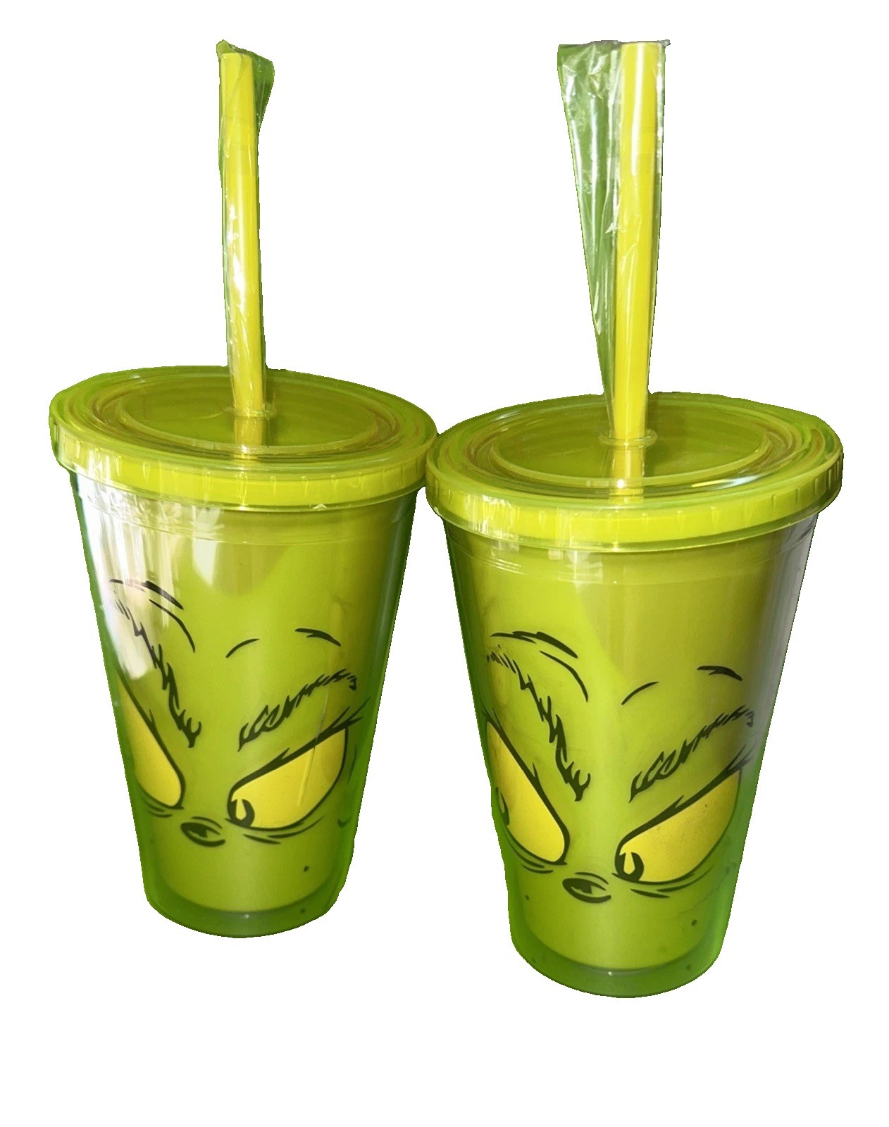 Dr. Seuss Grinch Green 16oz Tumblers with Straws Set of 2 Christmas NEW
