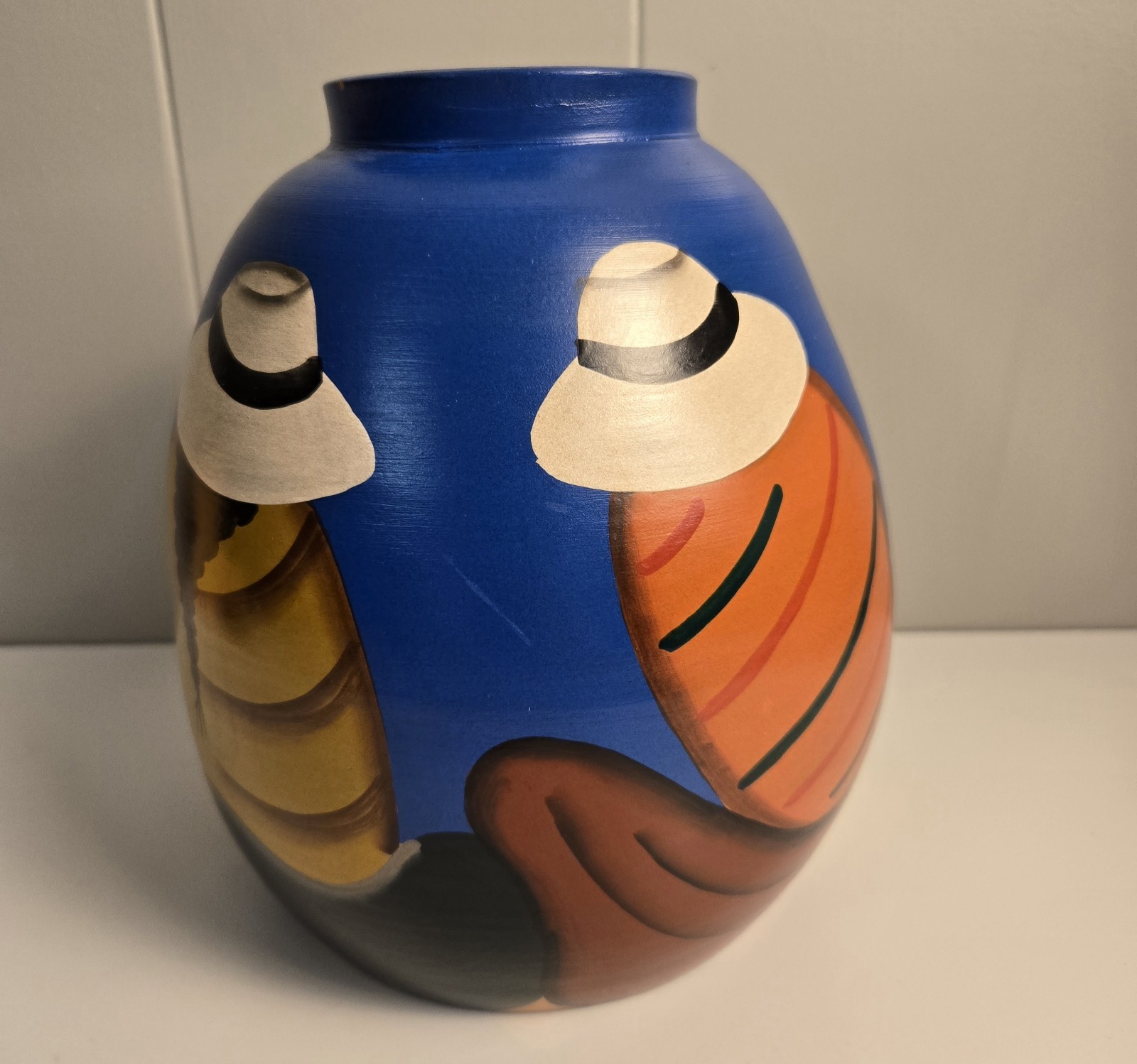 Hand Painted Ceramic Vase Folk Art Blue Orange Figures People With Hats Decor