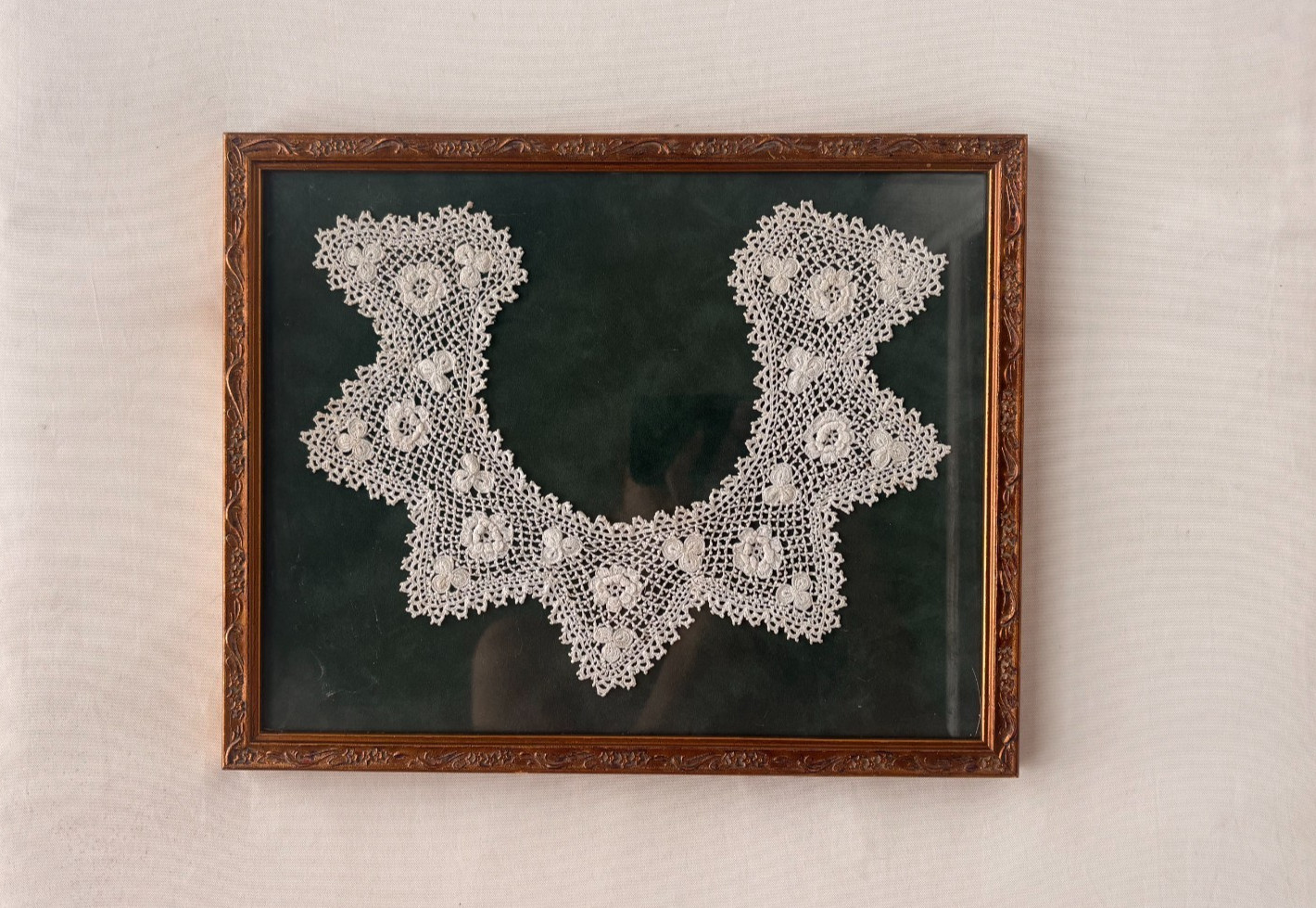 Vintage framed Irish crochet lace collar, Edwardian era art piece, gold frame