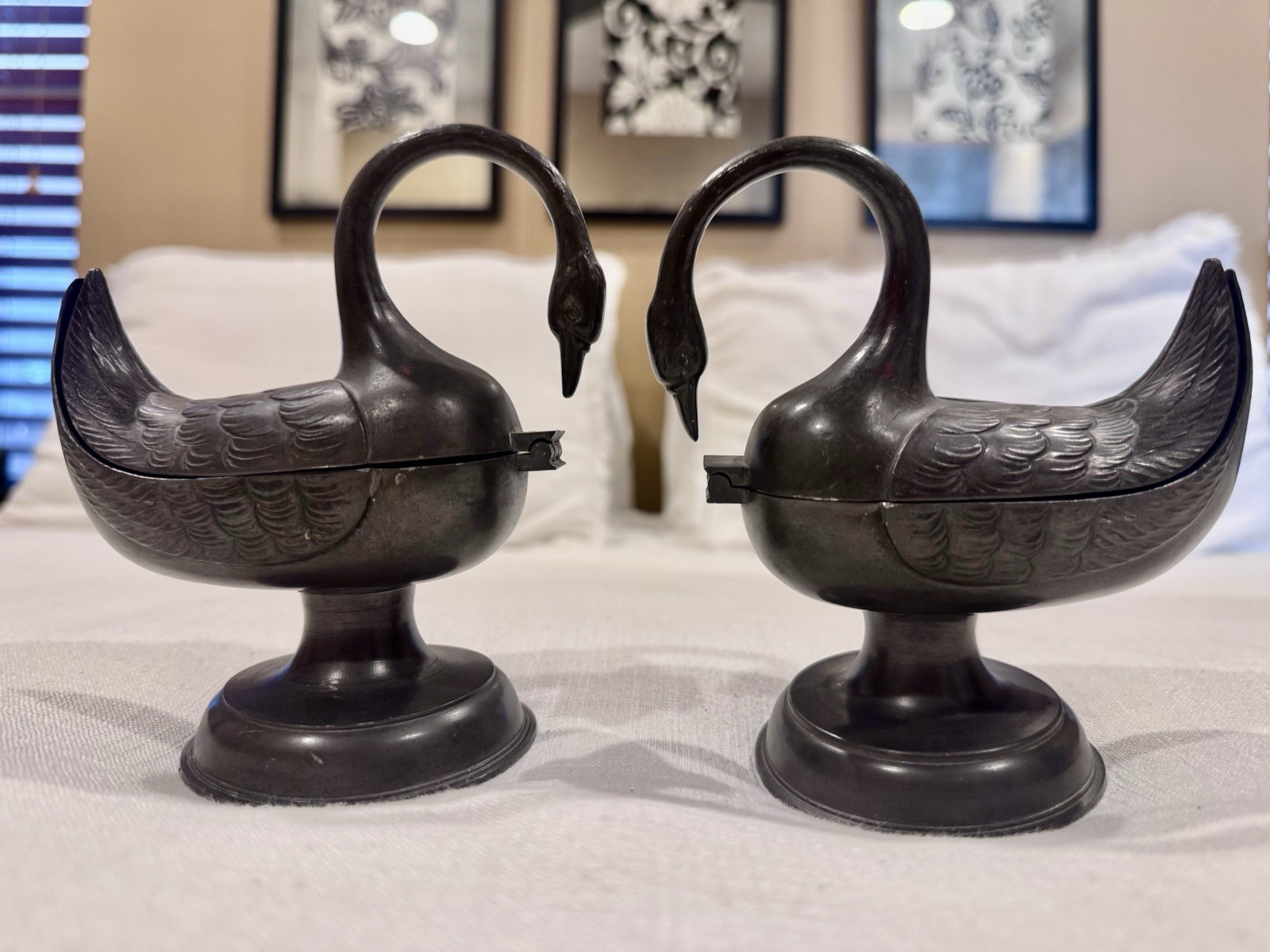 Pair Vintage Pewter Swan Master Salt Cellars Lidded Dishes 1740 Angel Mark FS