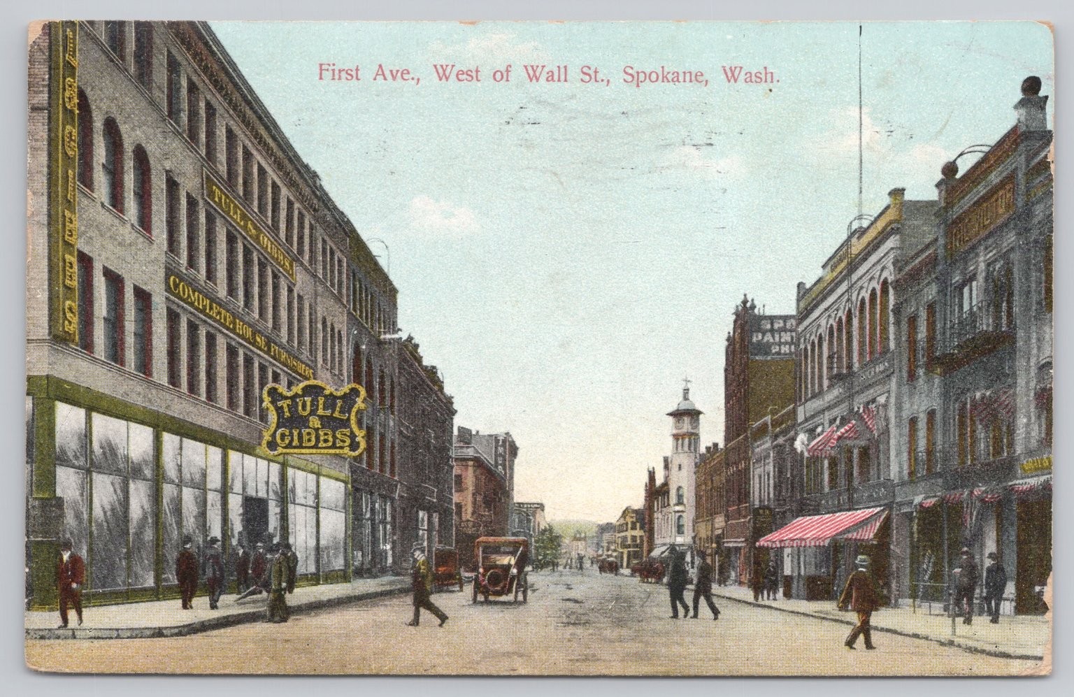 1910 Spokane Washington First Ave West of Wall St Vintage Postcard