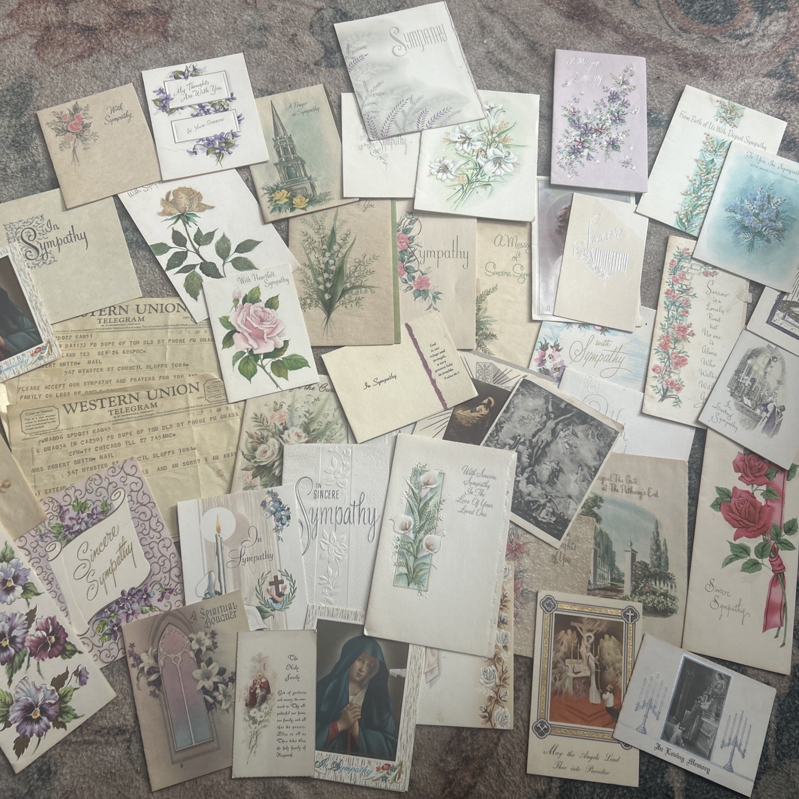 Lot of 40+ Vintage Sympathy Cards Telegram Catholic Religious Christian Used