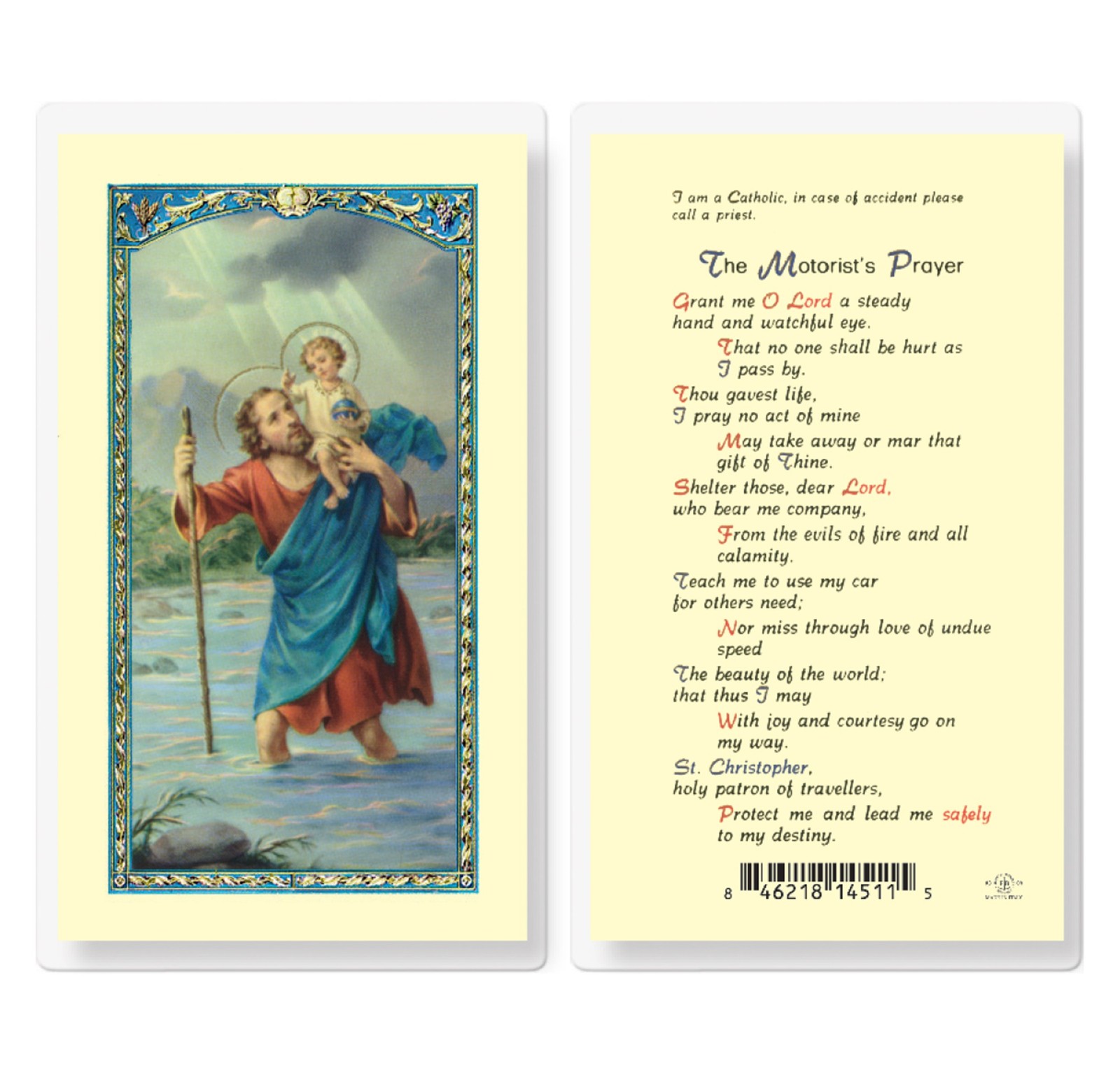 St Christopher The Motorist\'s Prayer Patron Saint of Travel Laminated Holy Card