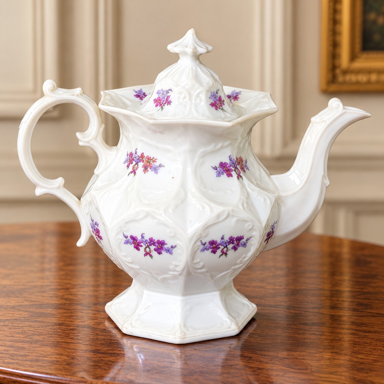 c1850s Antique English Staffordshire Ironstone Teapot Floral Octagonal 9.25\