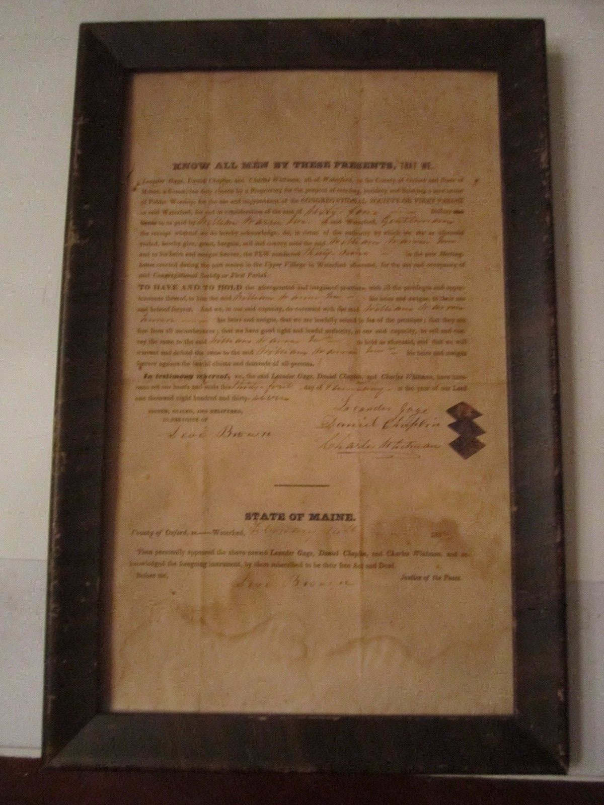 ANTIQUE 1837 LEGAL CONTRACT DOCUMENT IN MAINE - FRAMED 15