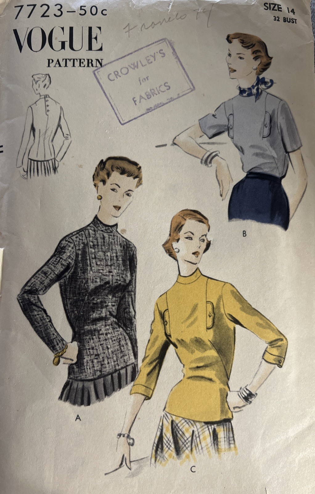 Vtg 1950's Vogue 7723 FITTED OVERBLOUSES 3 STYLES Sewing Pattern Sz 14 Bust 32”