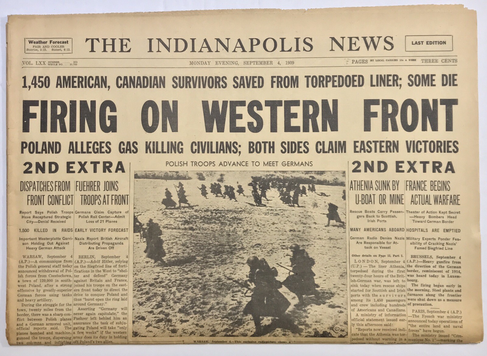 World War II 2- FIRING ON WESTERN FRONT Sept 4 1939- The Indianapolis Newspaper