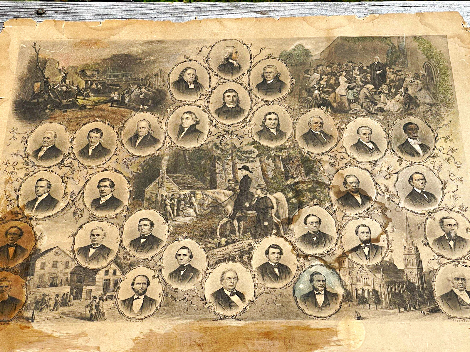 1872 Wesleyan Methodism Church History Lithograph including Francis Burns