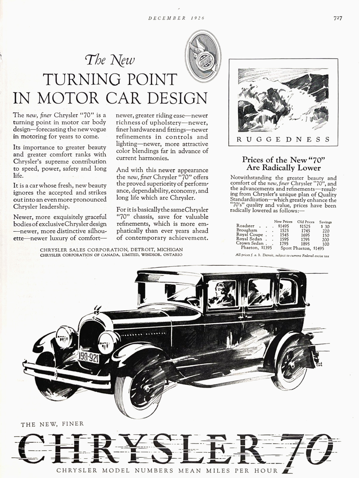 Chrysler 70 Sedan Luxury Motor Car Automotive Showroom 1926 Magazine Print Ad