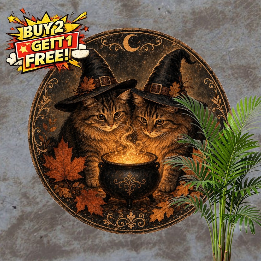 Halloween Cat Witch Cauldron Sign Metal Plaque Retro Holiday Decor 8x8