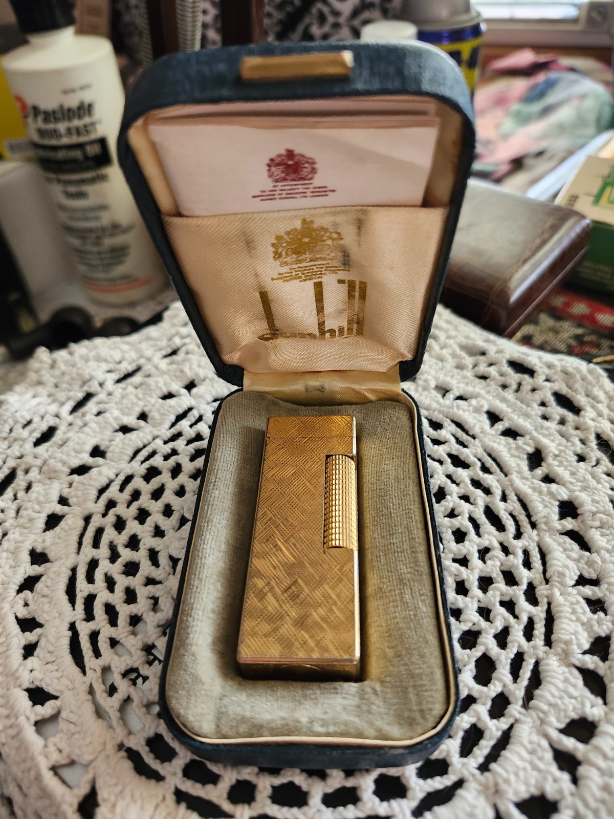 Vintage Dunhill Rollagas Lighter 24K Gold Plated Florentine Pattern W/Box&Papers